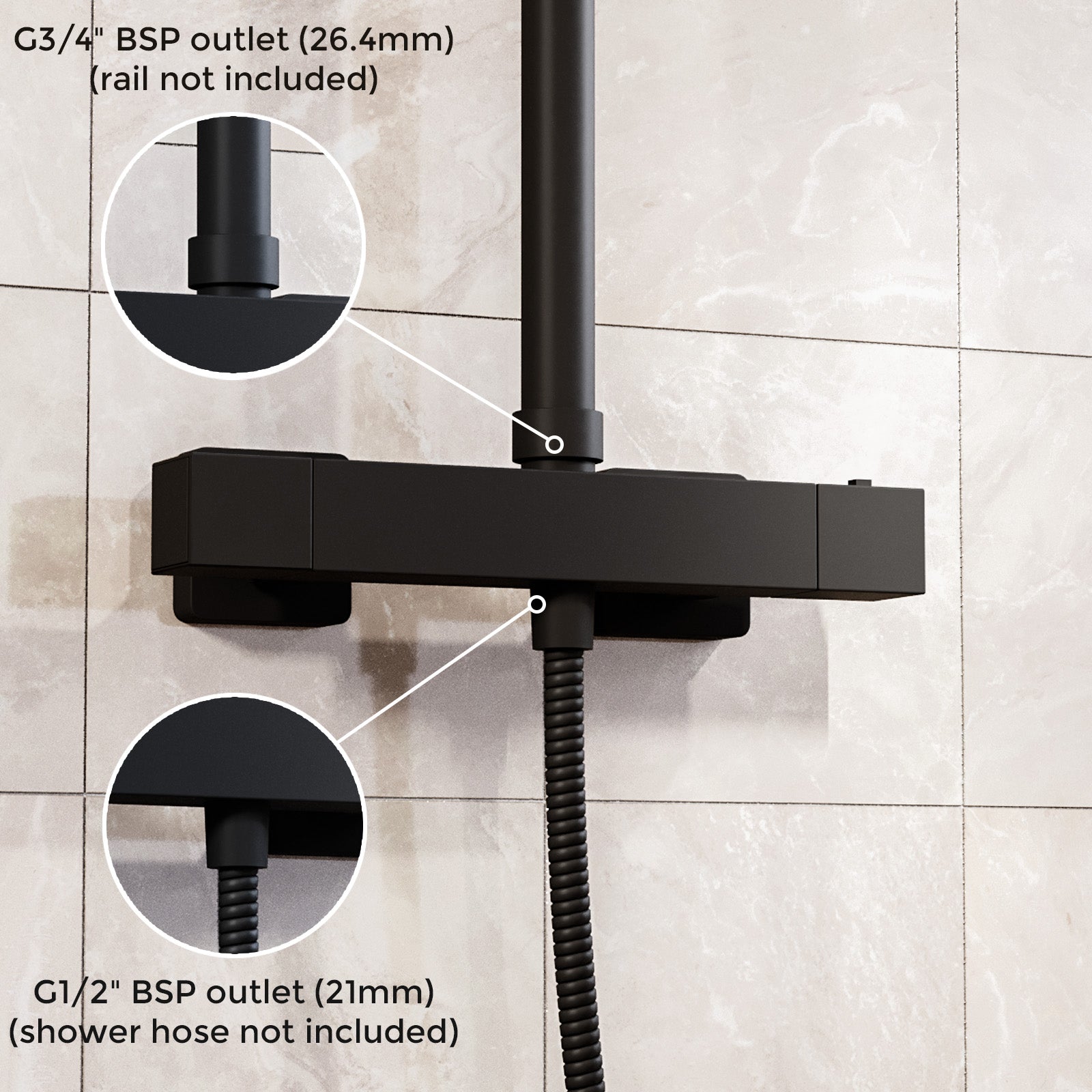 Square Modern Matte Black Exposed Thermostatic Shower Mixer Bar Valve