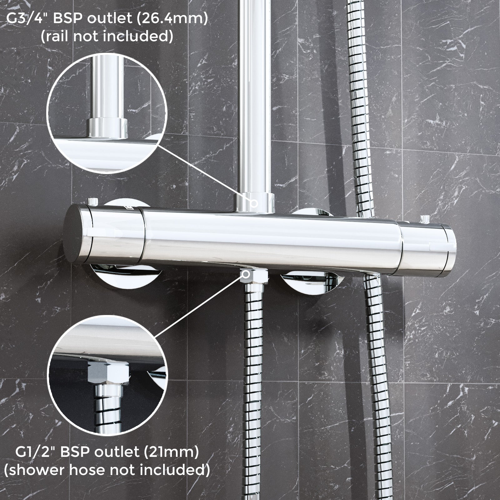 Round Chrome Thermostatic Shower Bar Valve Double Outlet Wall Mounted