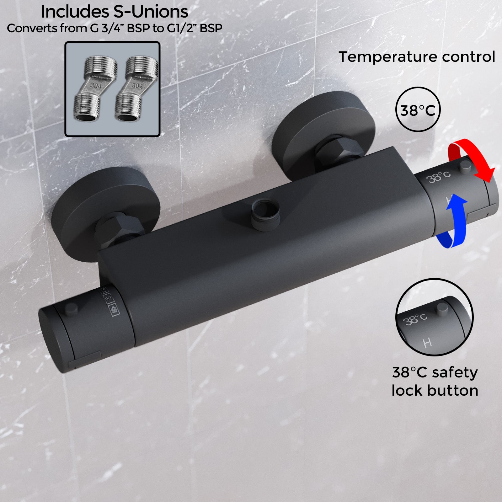 Round Matte Black Thermostatic Shower Bar Valve Double Outlet