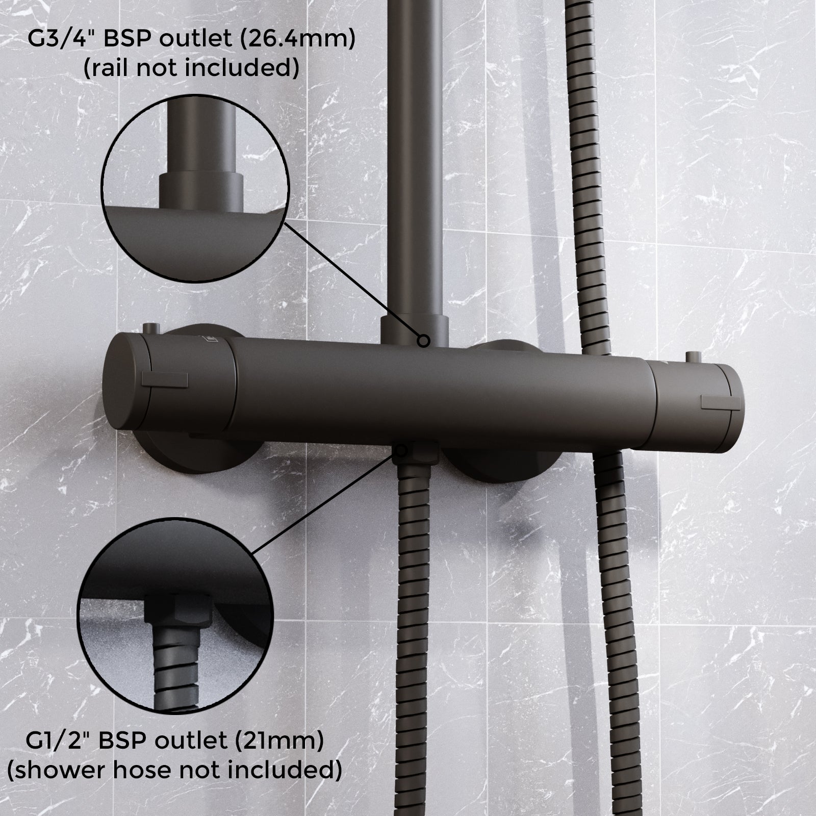 Round Matte Black Thermostatic Shower Bar Valve Double Outlet