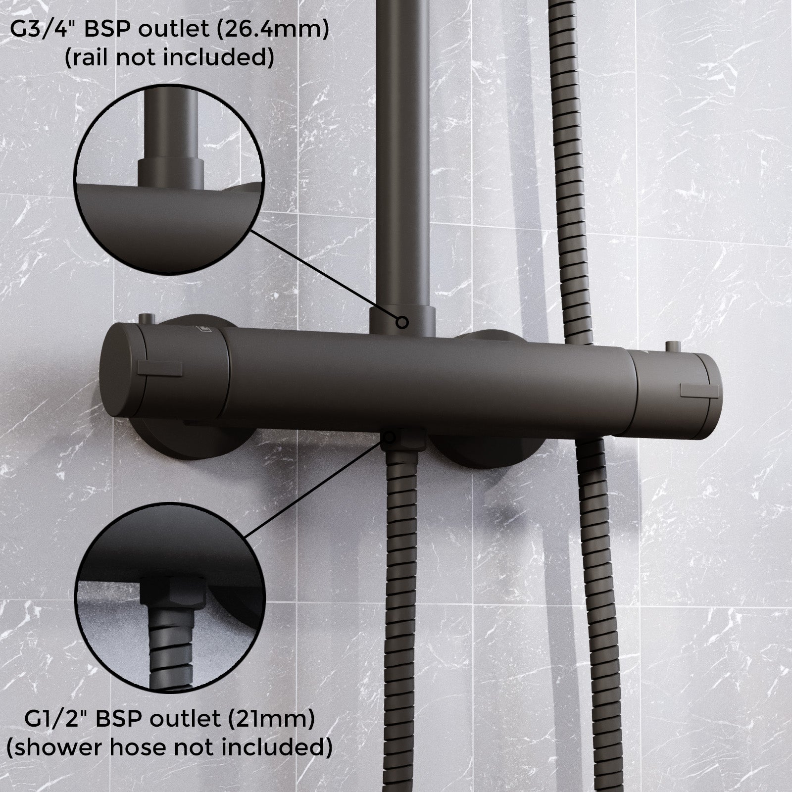 Round Matte Black Thermostatic Shower Bar Valve Double Outlet