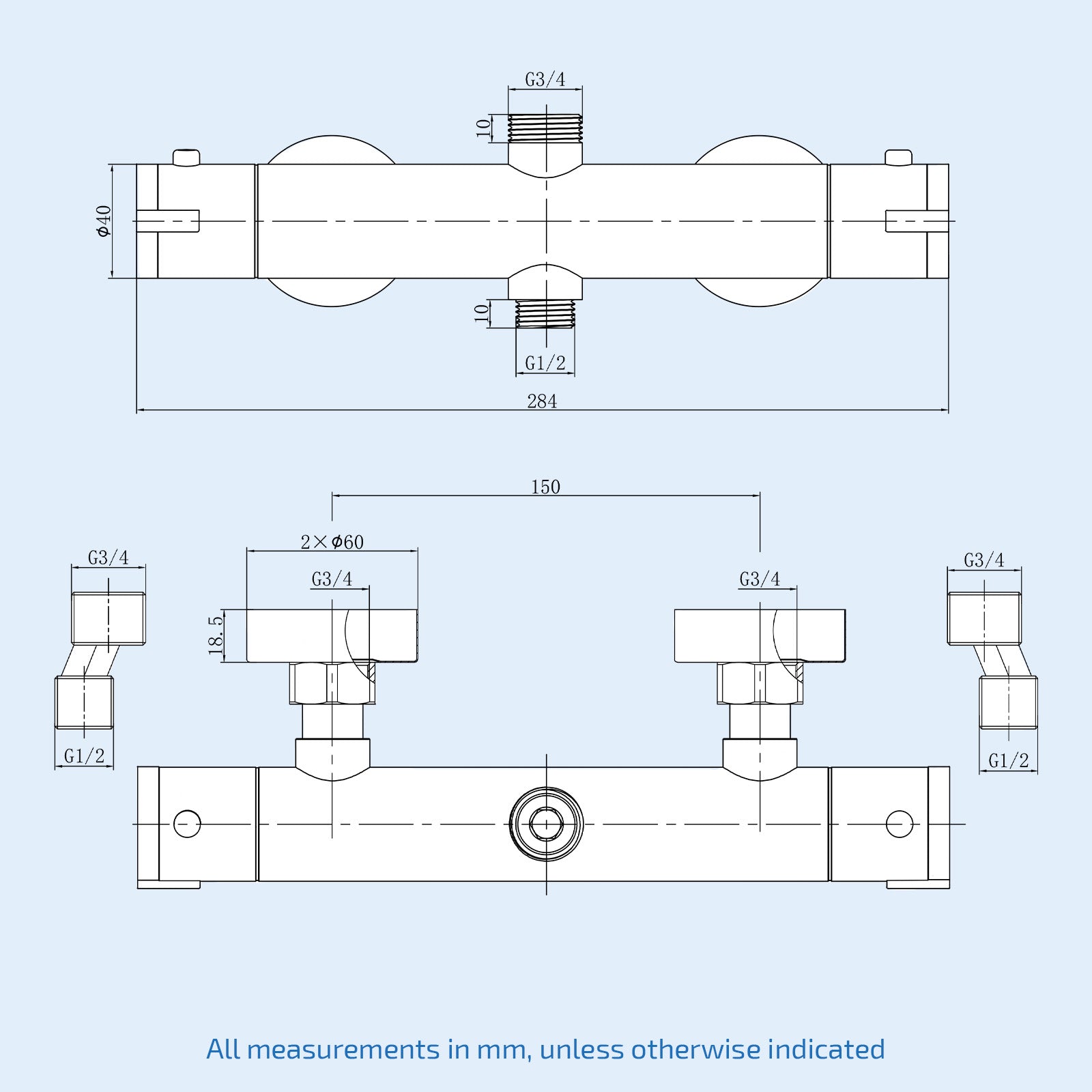 Round Matte Black Thermostatic Shower Bar Valve Double Outlet