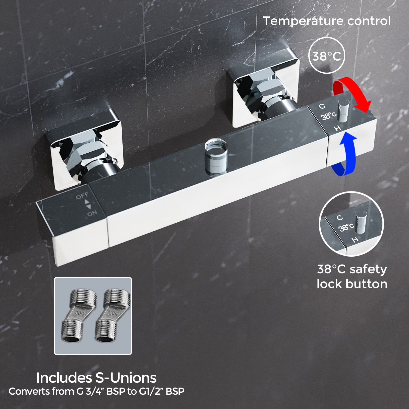 Square Chrome Thermostatic Shower Bar Valve Double Outlet Wall Mounted