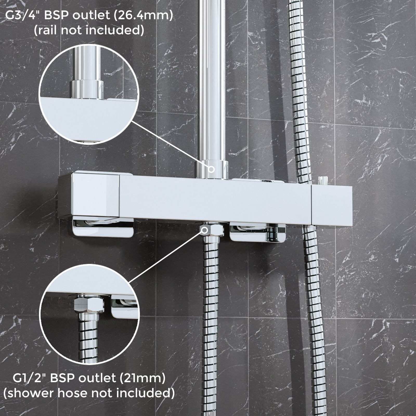 Square Chrome Thermostatic Shower Bar Valve Double Outlet Wall Mounted