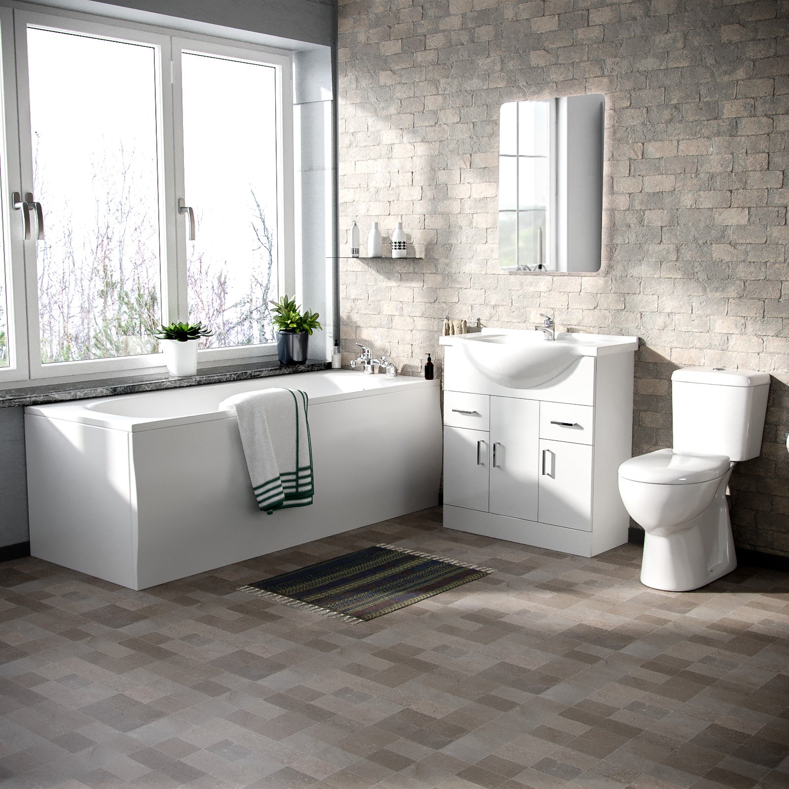 Ellen Bathroom Suite, 750mm Basin Vanity Unit, Close Coupled Toilet and Round Bath Tub