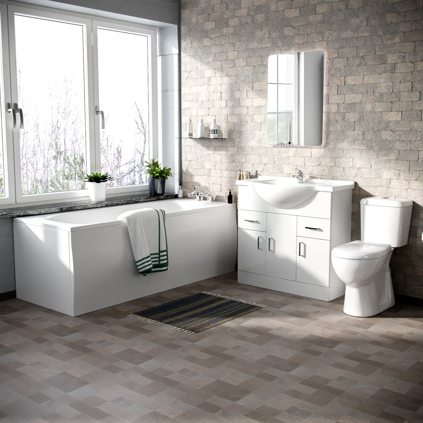 Ellen 3-Piece Bathroom Suite White - Close Coupled Toilet, 850mm Basin Vanity Unit and Round Bath Tub