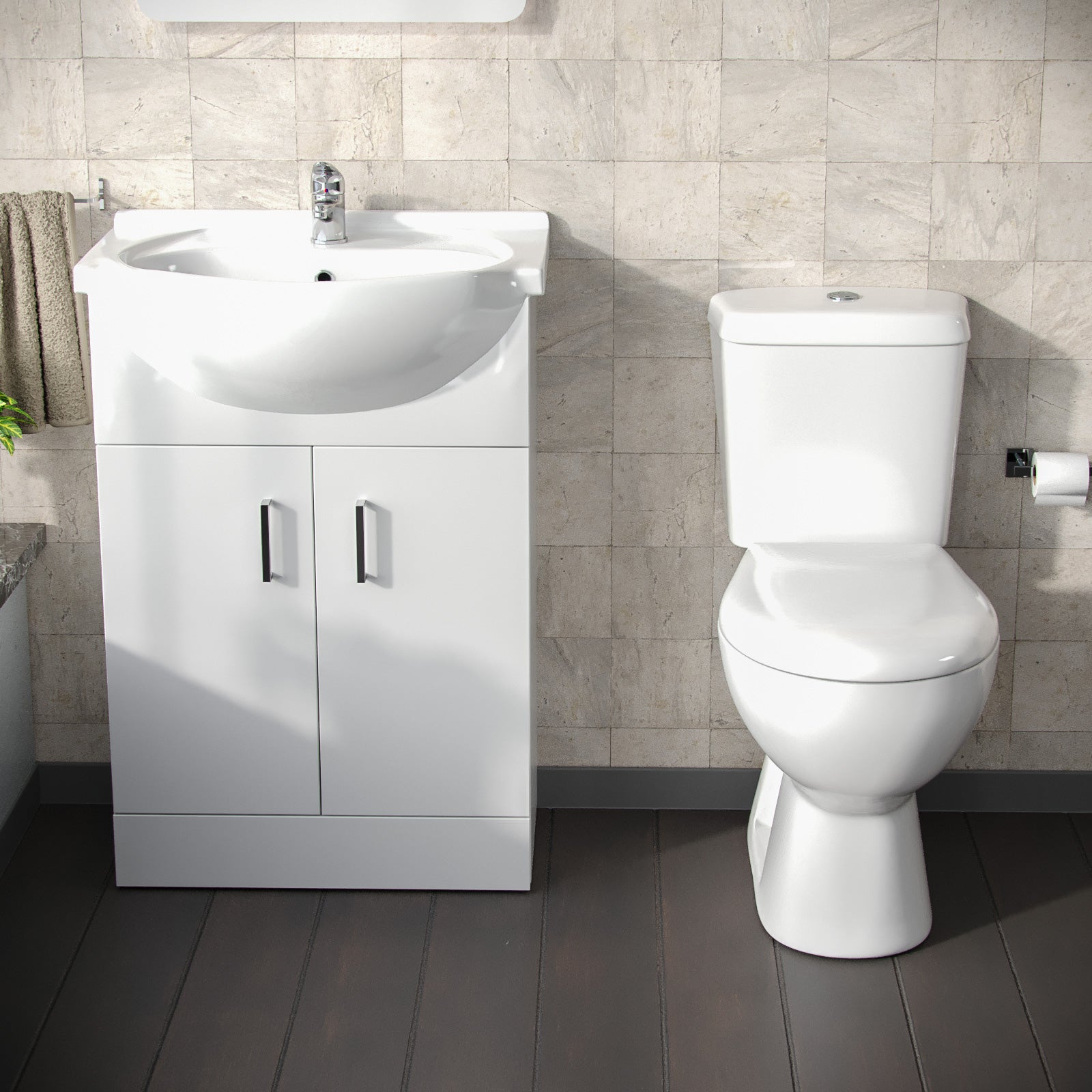 Ellen 550mm White Vanity Basin Cabinet MDF & Ceramic Closed Coupled Toilet