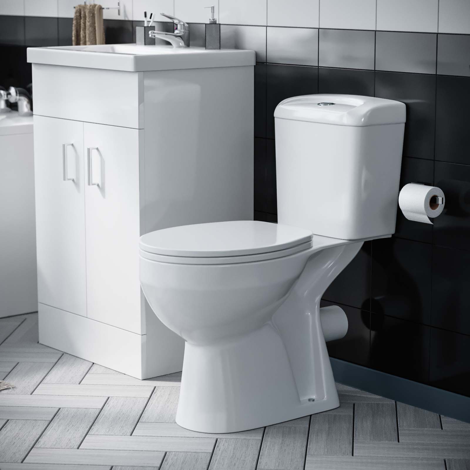 Nanuya 1700mm Bath, Close Coupled Toilet & 500mm Flat Pack Vanity Cabinet