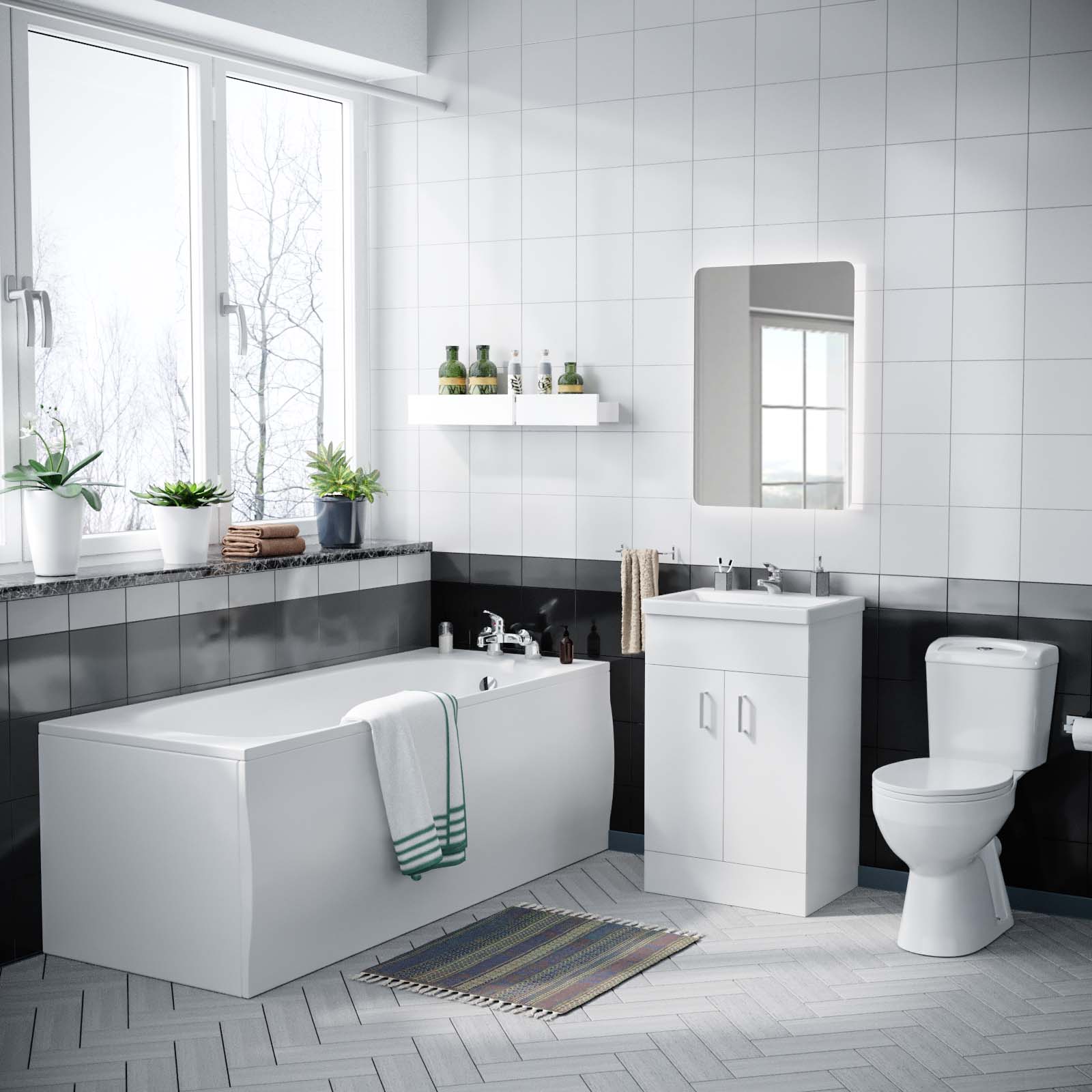 Nanuya 1700mm Bath, Close Coupled Toilet & 500mm Flat Pack Vanity Cabinet