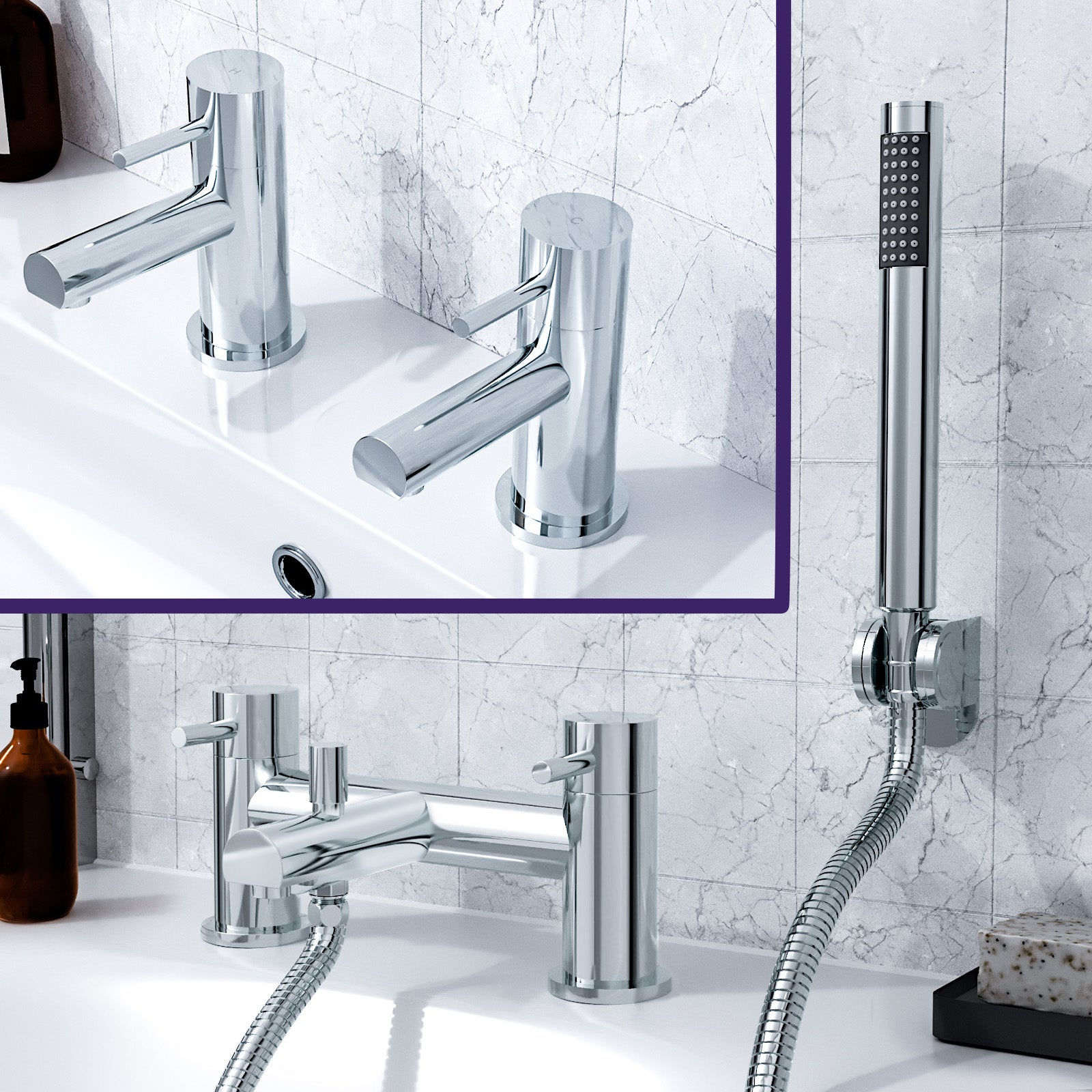 Marc Contemporary Set Of Two Basin Taps And Bath Shower Mixer Tap With Handheld Kit + Waste
