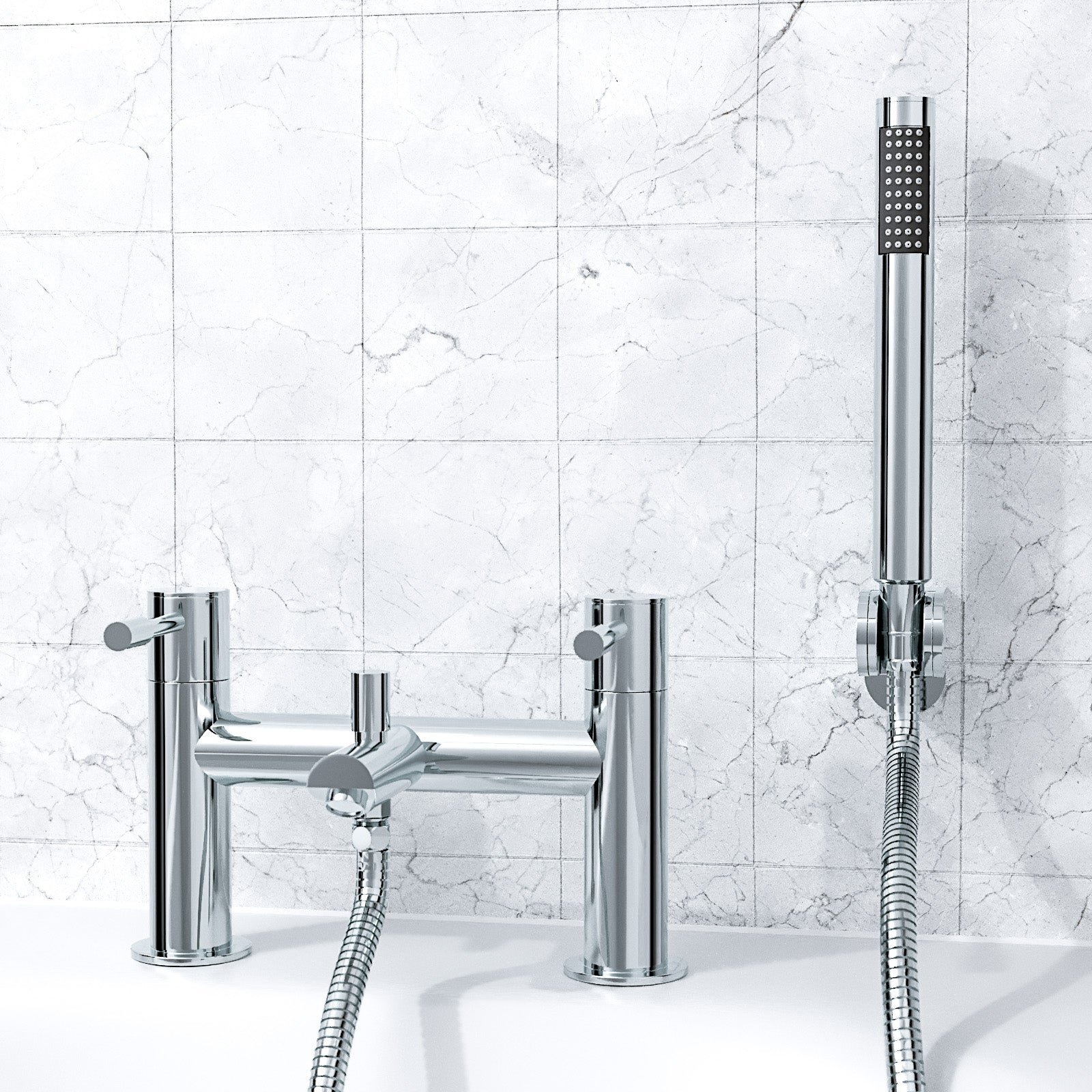 Marc Contemporary Set Of Two Basin Taps And Bath Shower Mixer Tap With Handheld Kit + Waste