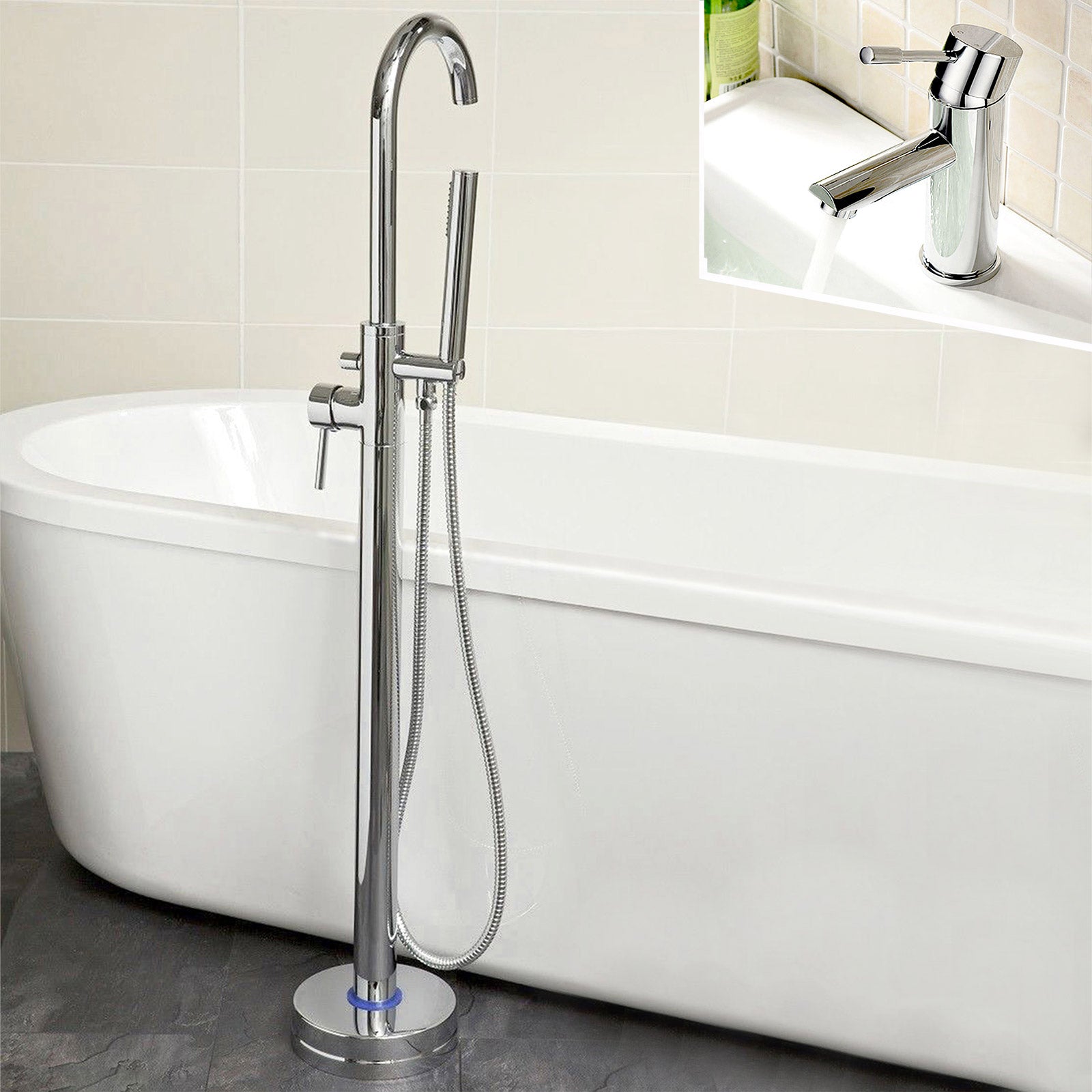 Marc Contemporary Basin Single Lever Tap And Freestanding Bath Shower Mixer Tap With Handset Kit + Click Waste
