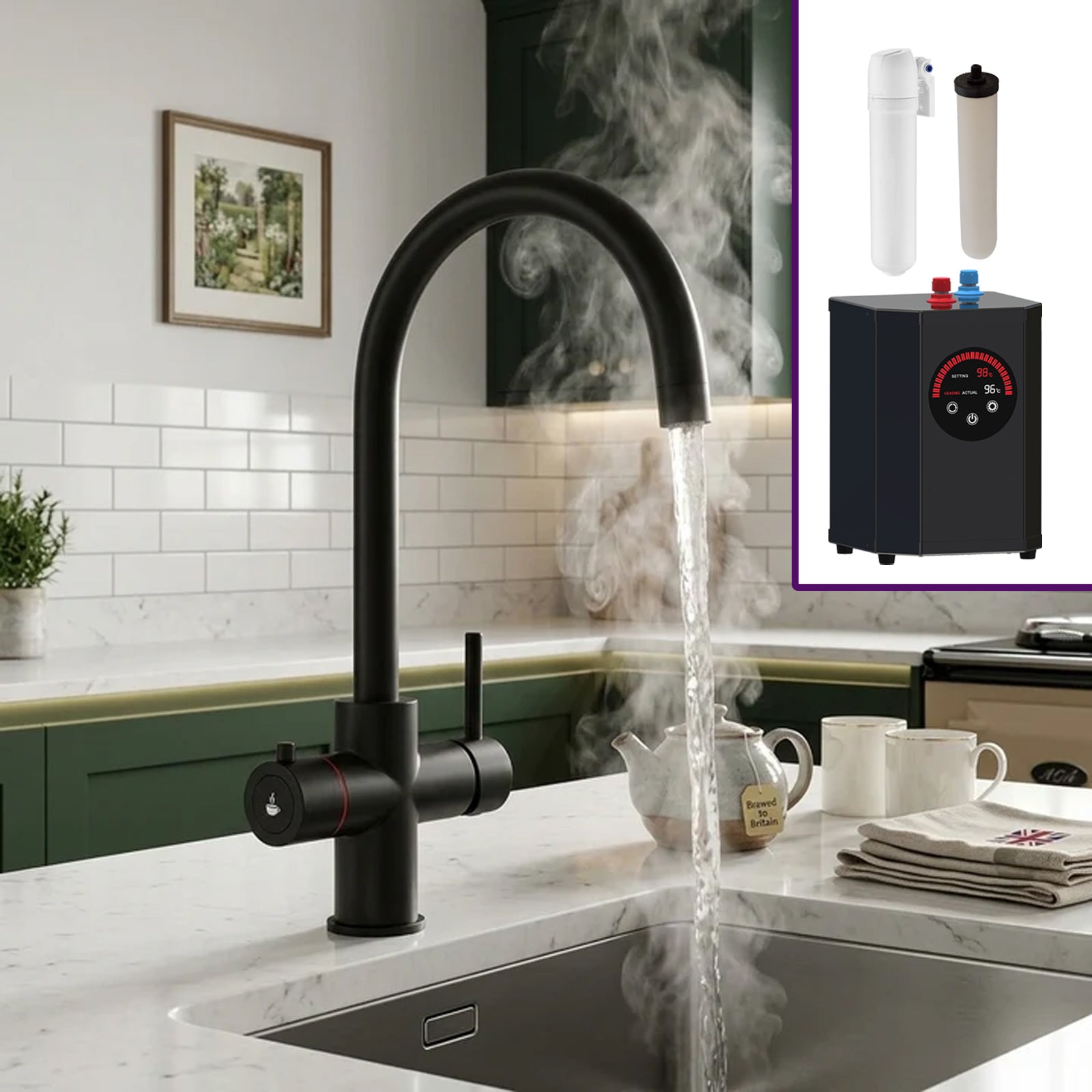 3 in 1 Single Lever Boiler Complete Kitchen Mixer Tap Set - Matte Black