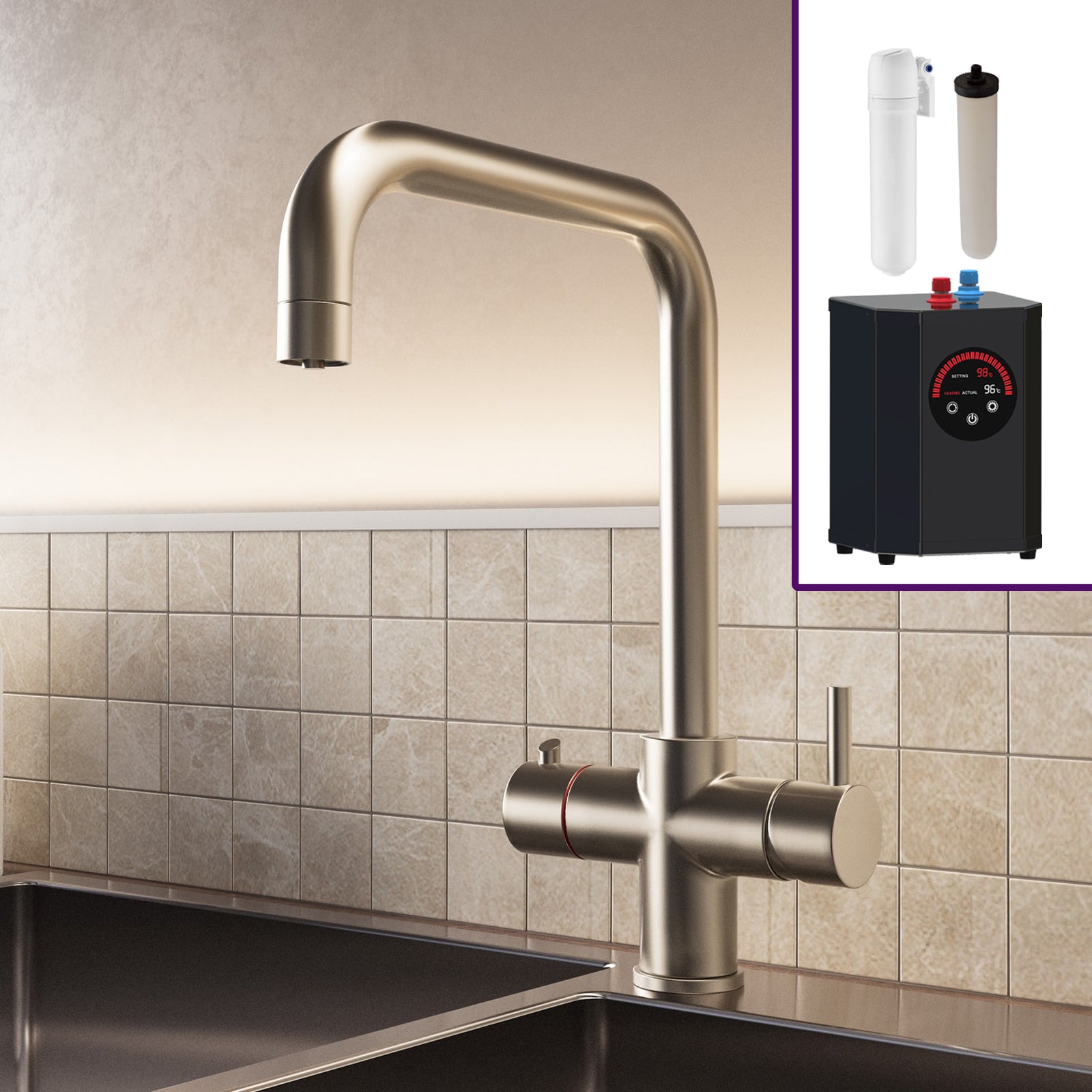 3 in 1 Single Lever Boiler Kitchen Mixer Tap Set - Brushed Nickel