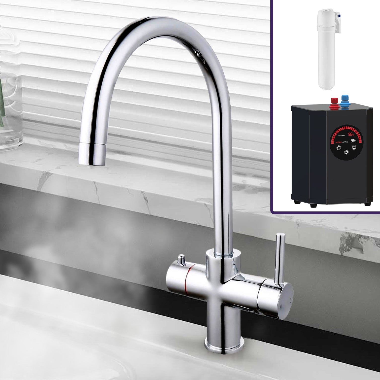 Instant Boiling Water Kitchen Tap Round Chrome, Boiler & Water Filter