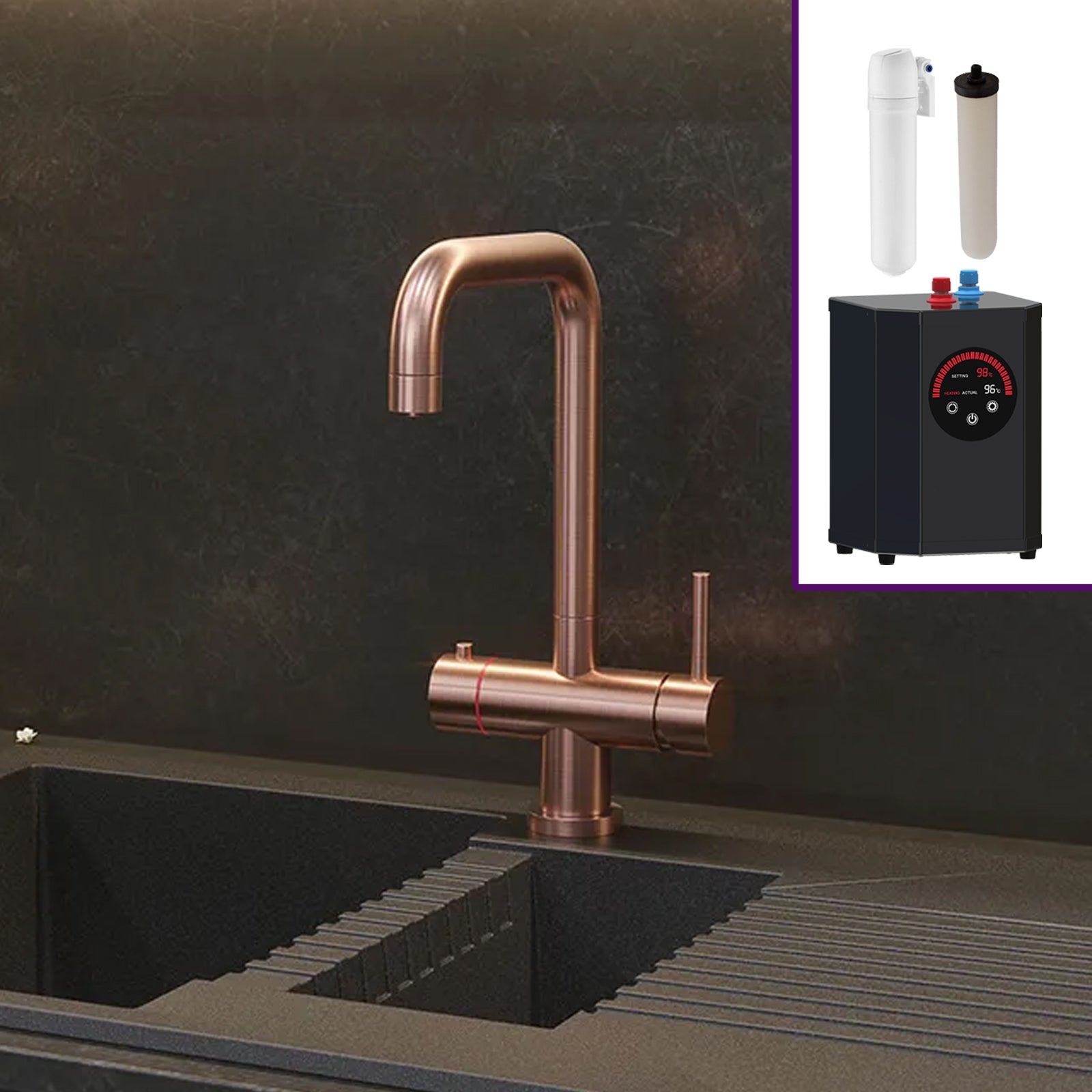 3 in 1 Single Lever Boiler Complete Kitchen Mixer Tap Set - Copper