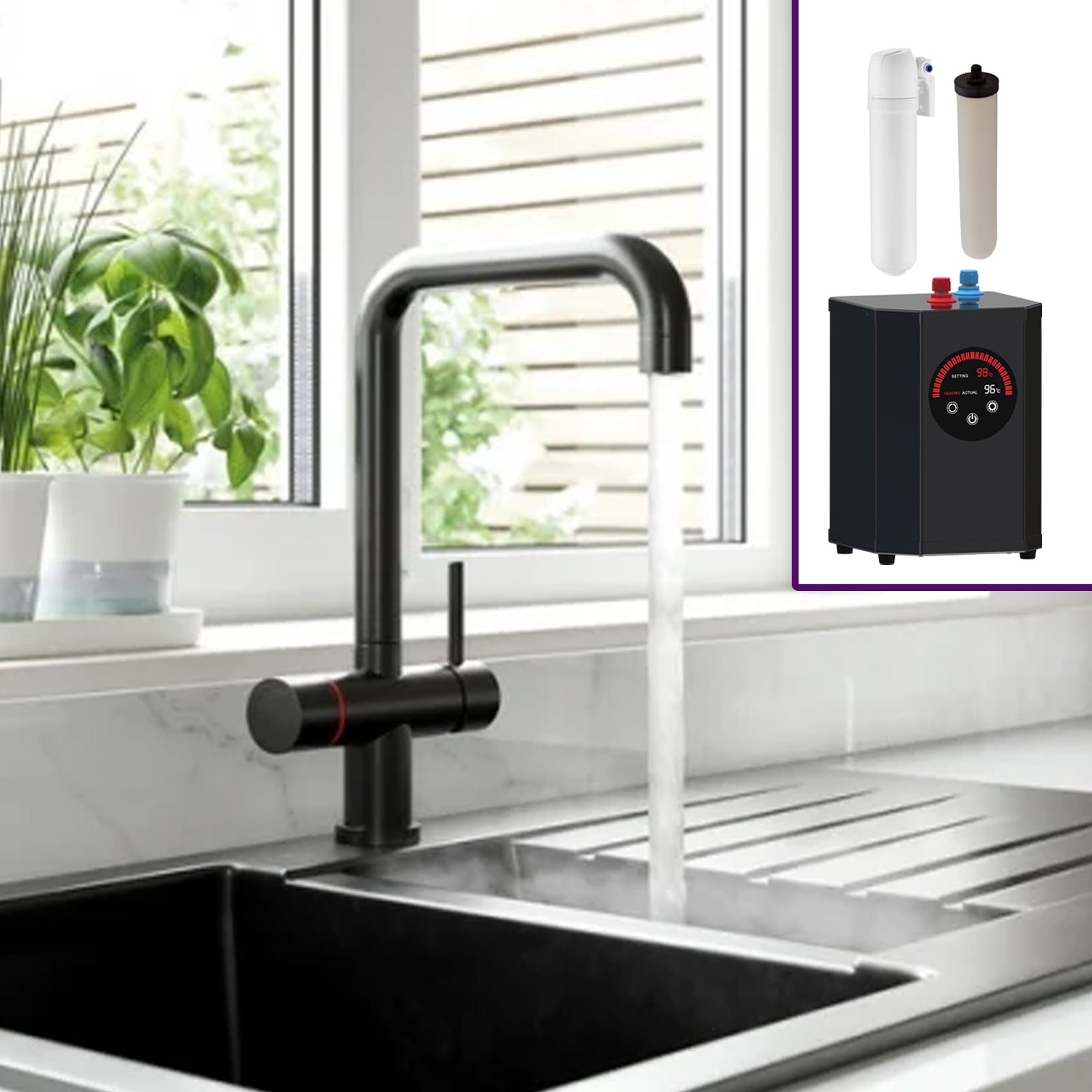 3 in 1 Single Lever Boiler Complete Kitchen Mixer Tap Set - Matte Black