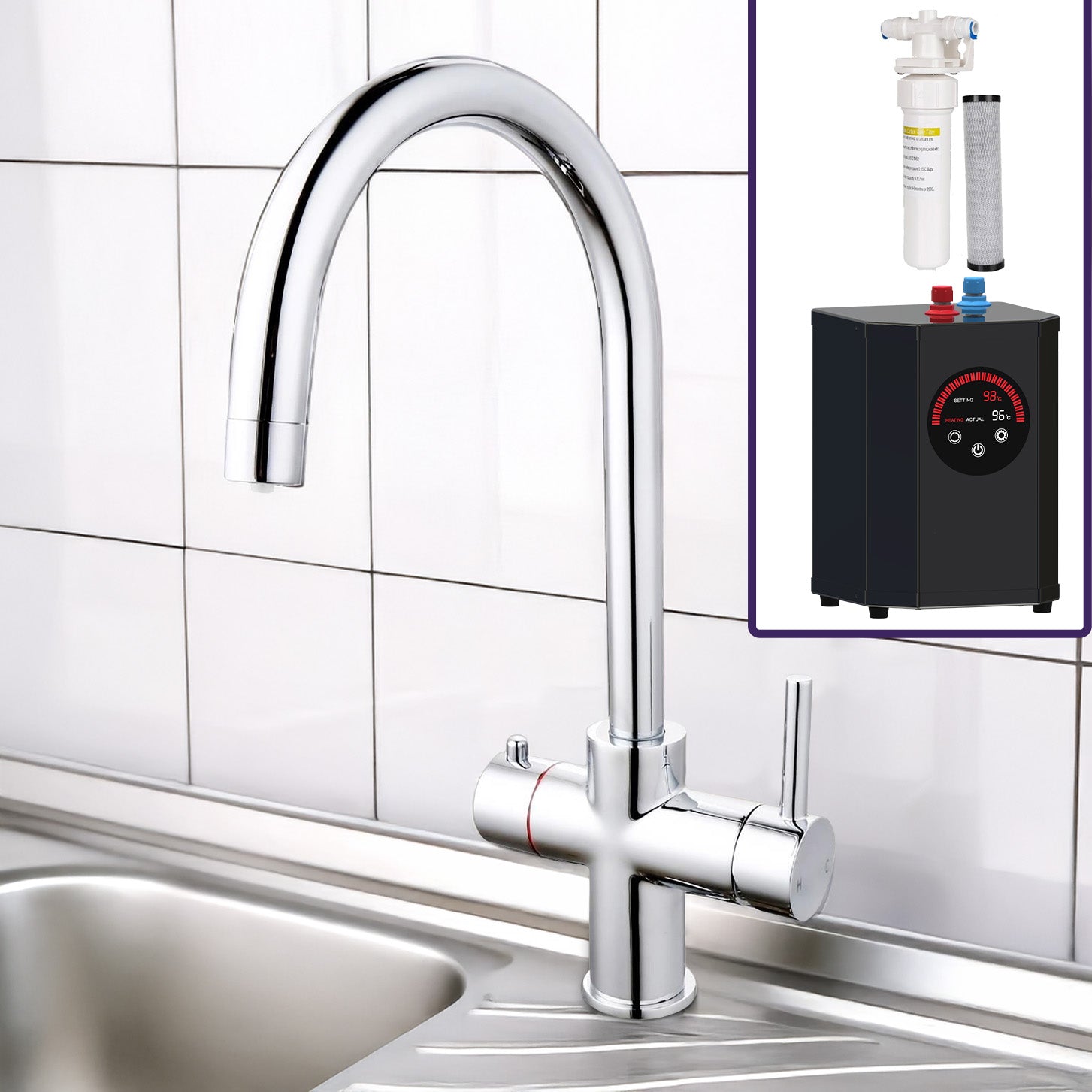 Instant Boiling Water Kitchen Tap Round Chrome, Boiler & Water Filter
