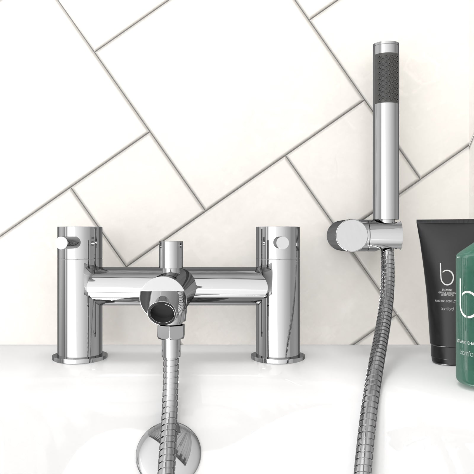 Kyic Modern Bridge Deck Mounted Bath Filler Shower Mixer Tap With Handheld Kit
