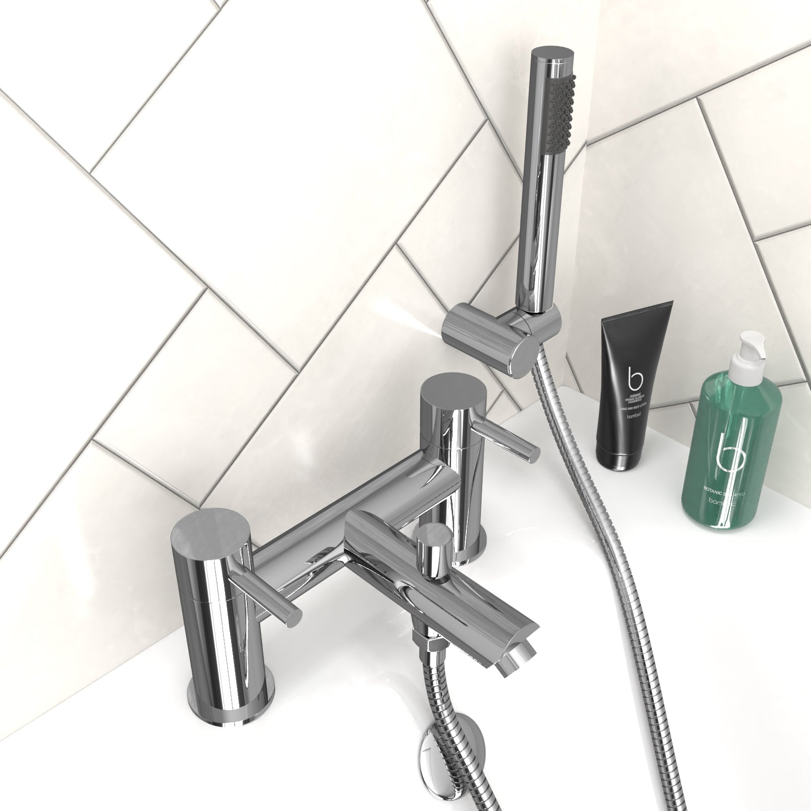 Kyic Modern Bridge Deck Mounted Bath Filler Shower Mixer Tap With Handheld Kit