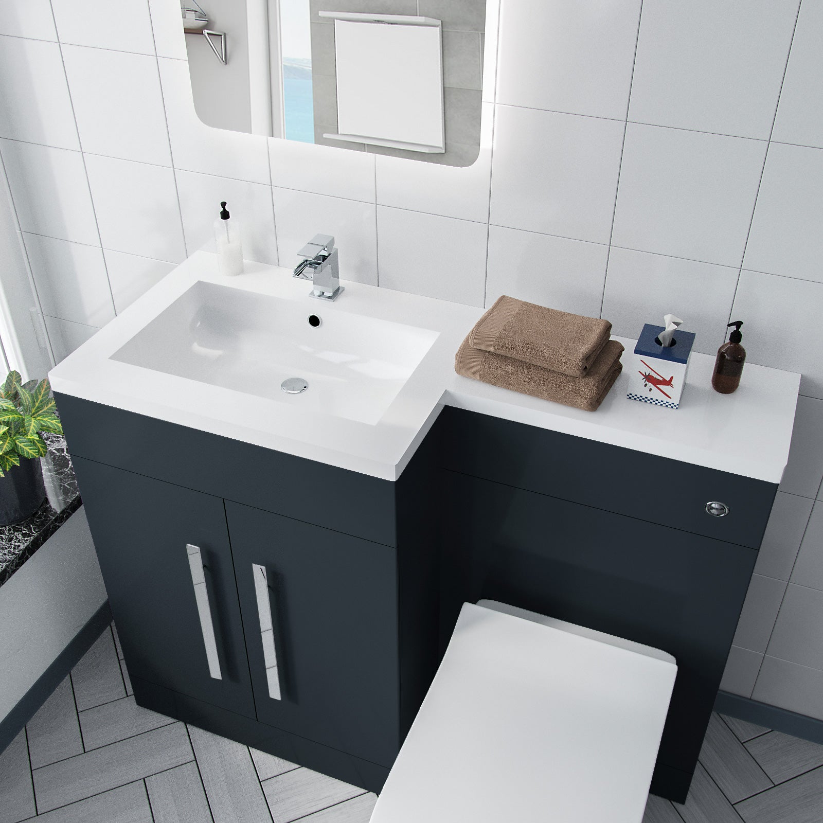 Aric 1100mm LH Grey Vanity with BTW Toilet, WC & Resin Basin Flat Pack
