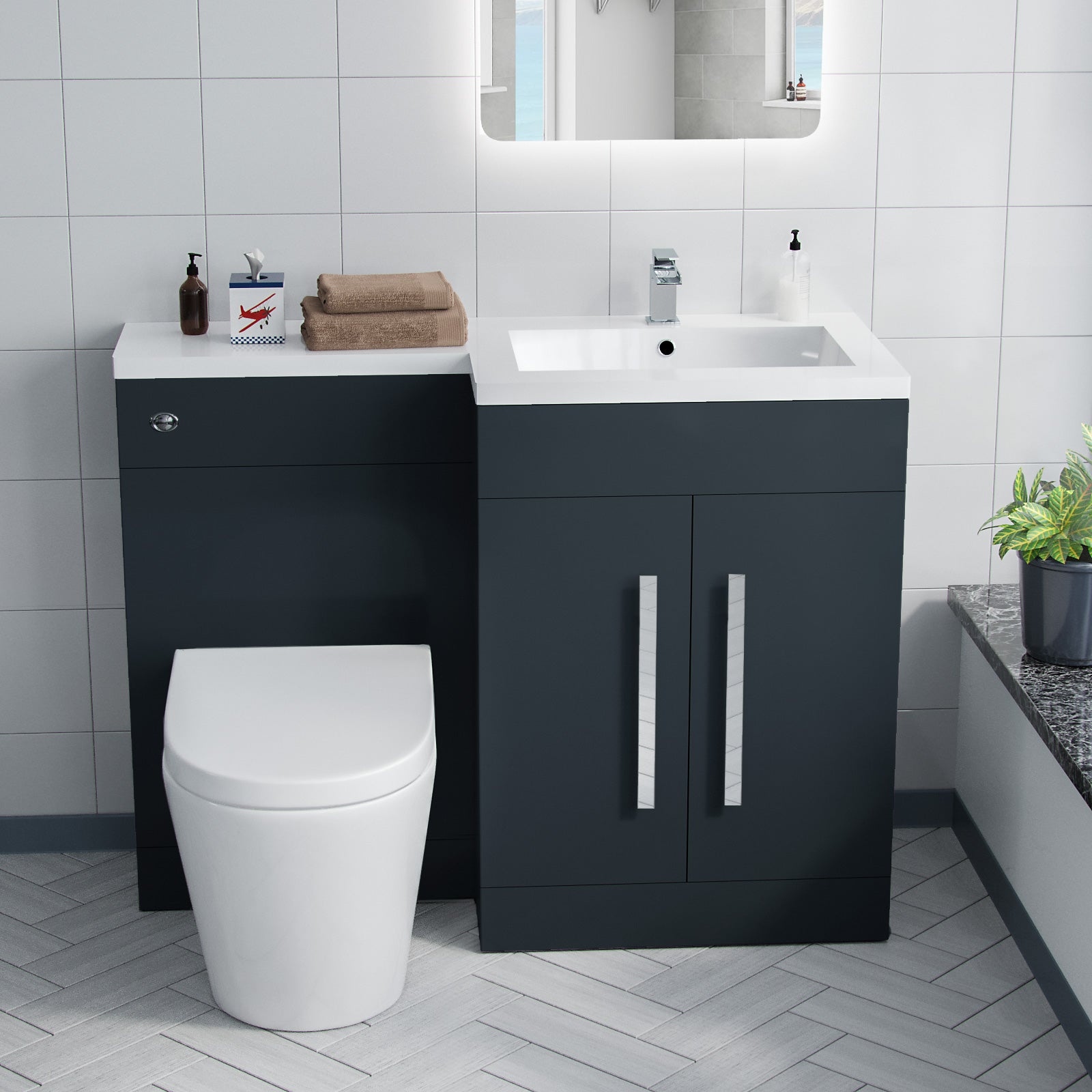 Aric 1100mm RH Freestanding Grey Vanity with BTW Toilet, WC & Basin Flat Pack