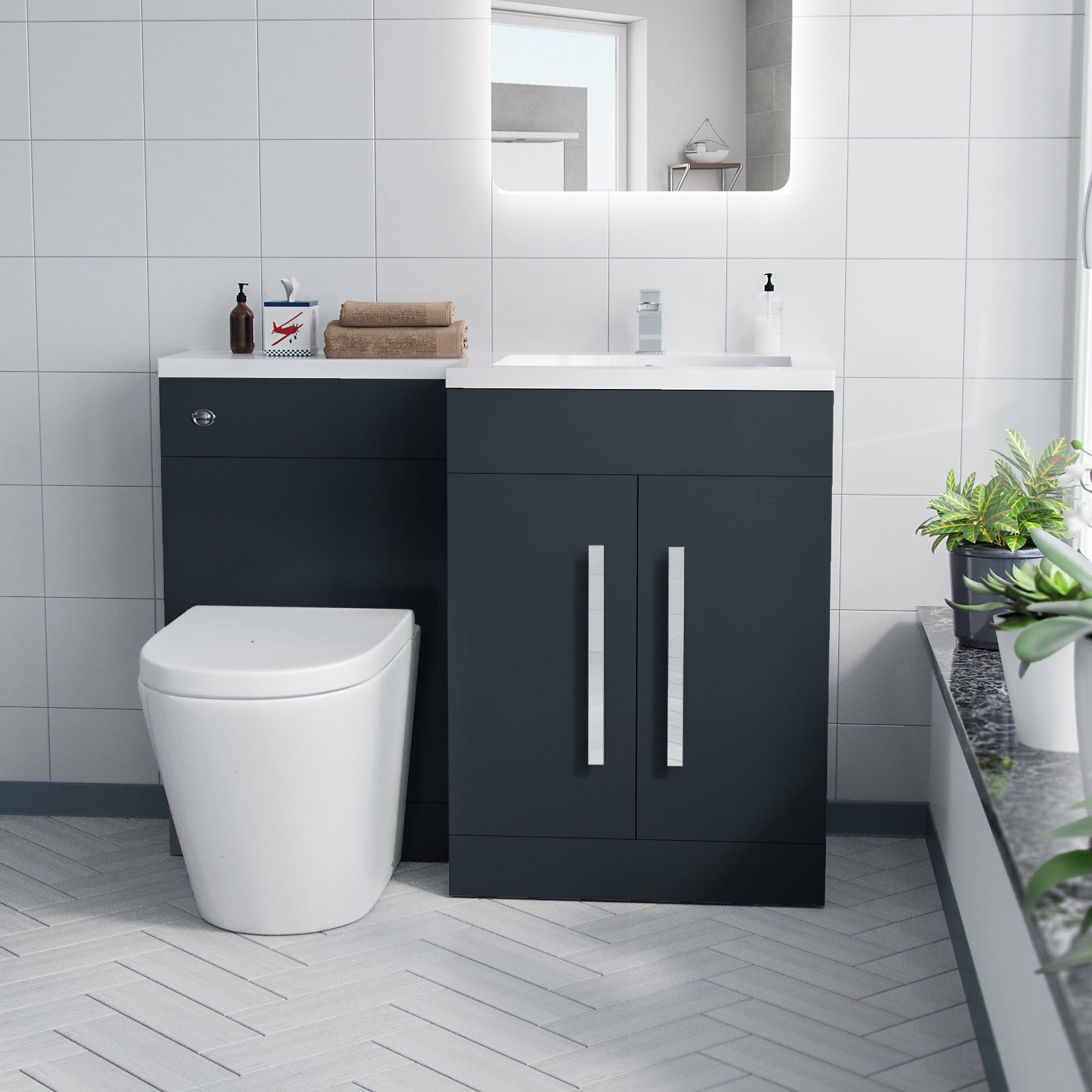 Aric 1100mm RH Freestanding Grey Vanity with BTW Toilet, WC & Basin Flat Pack