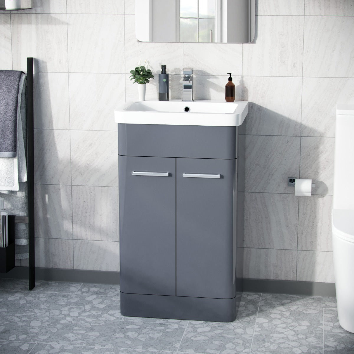 Afern 500mm Freestanding Vanity Unit Cabinet & Wash Basin Steel Grey Flat Pack