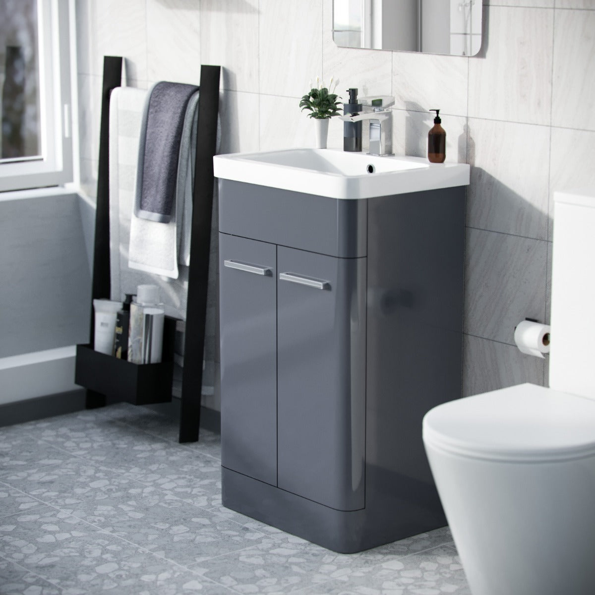 Afern 500mm Freestanding Vanity Unit Cabinet & Wash Basin Steel Grey Flat Pack