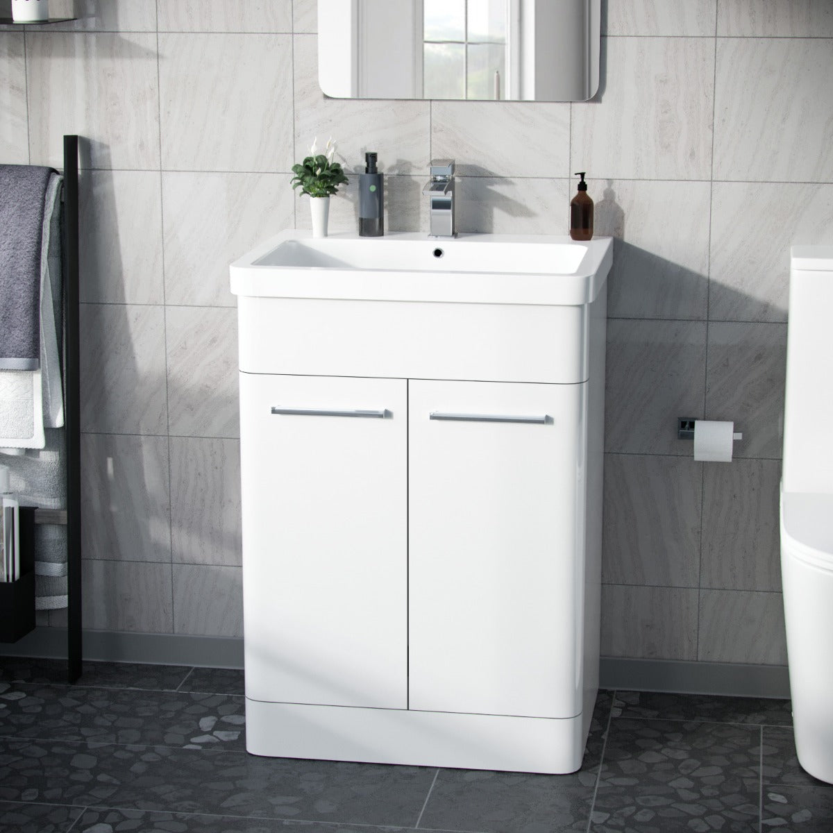 Afern 600mm MDF Vanity Unit Cabinet  & Wash Ceramic Basin White - Flat Pack