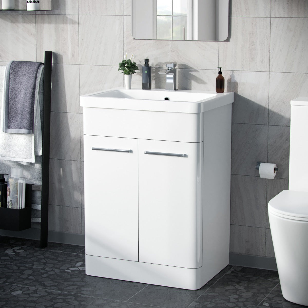 Afern 600mm MDF Vanity Unit Cabinet  & Wash Ceramic Basin White - Flat Pack