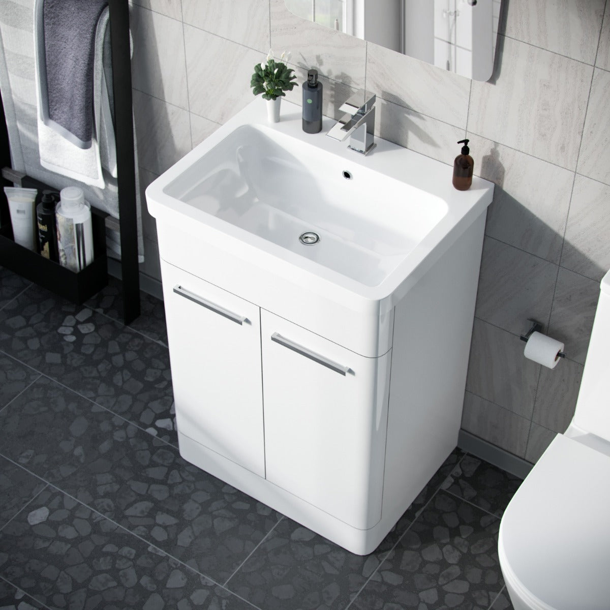 Afern 600mm MDF Vanity Unit Cabinet  & Wash Ceramic Basin White - Flat Pack