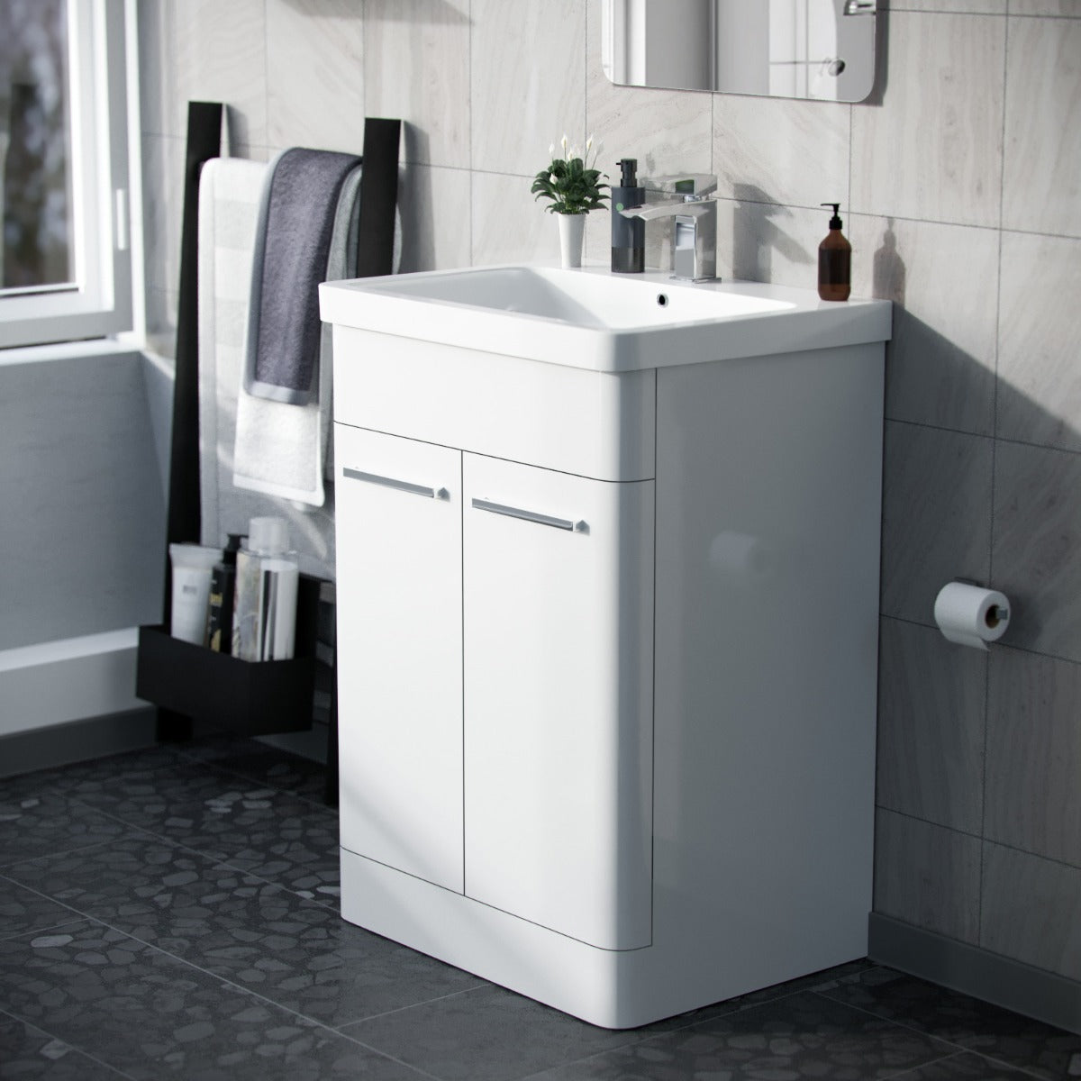 Afern 600mm MDF Vanity Unit Cabinet  & Wash Ceramic Basin White - Flat Pack