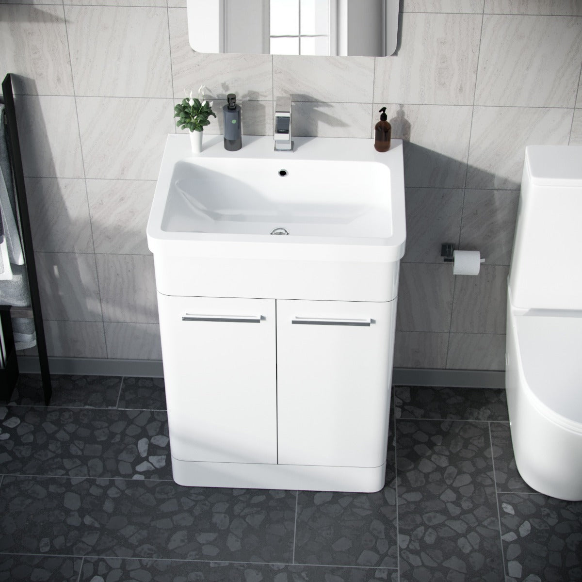 Afern 600mm MDF Vanity Unit Cabinet  & Wash Ceramic Basin White - Flat Pack