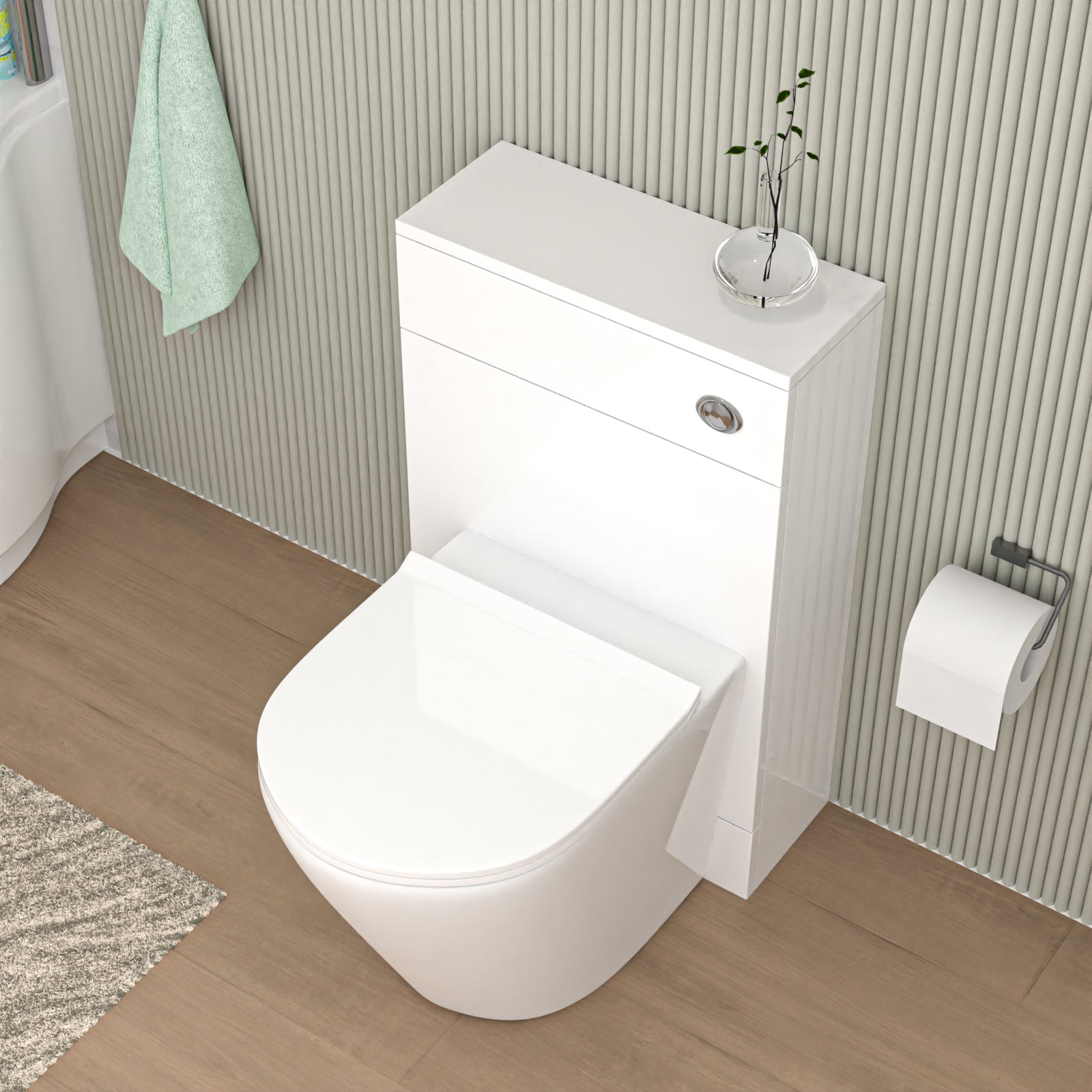 Romsley 500mm Back To Wall Rimless Toilet with Flat Pack WC Unit Gloss White