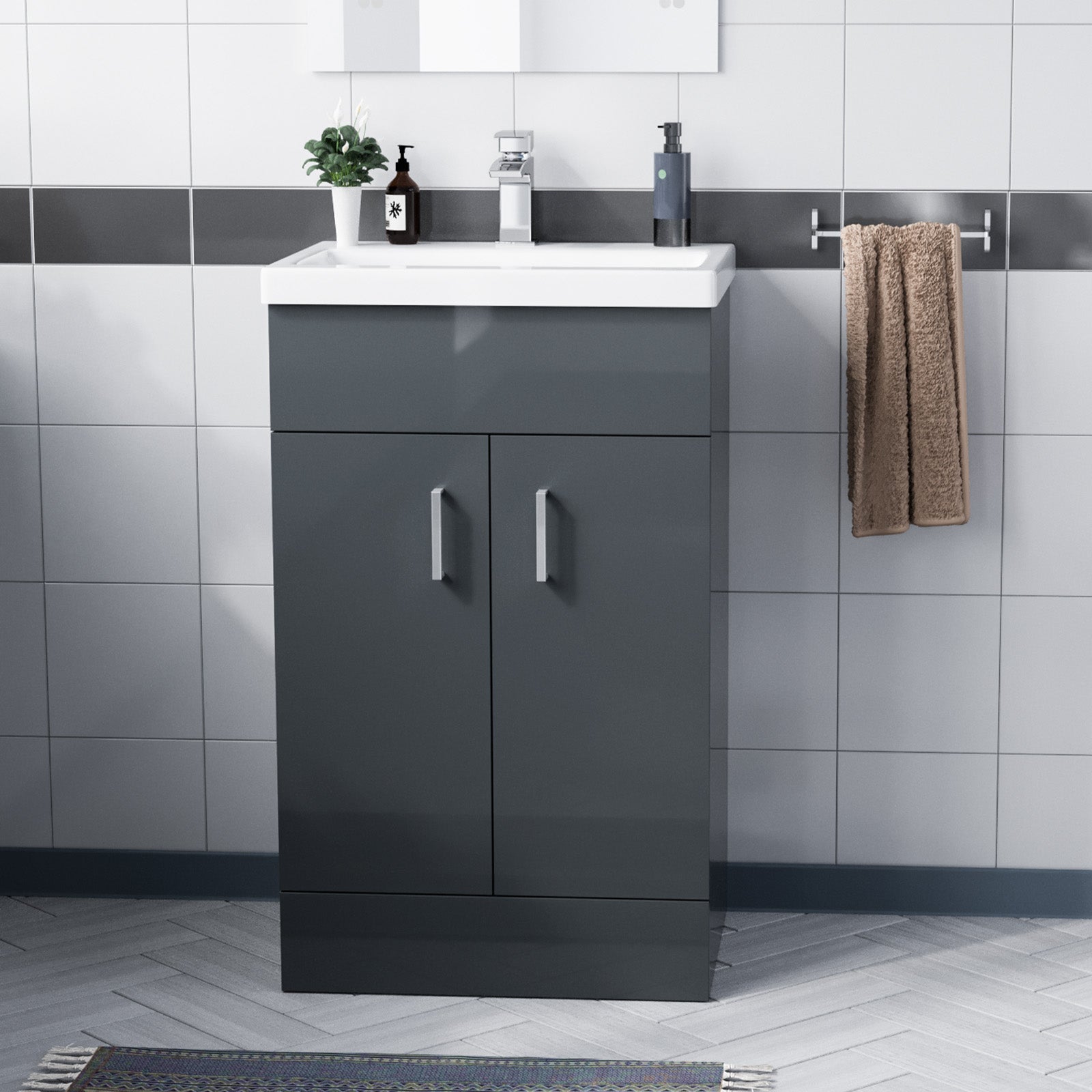 Dark Grey 500mm Floor Standing Vanity Unit & White Basin Flat Pack