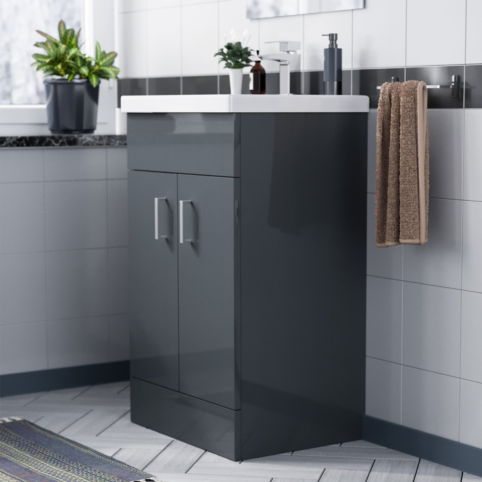 Dark Grey 500mm Floor Standing Vanity Unit & White Basin Flat Pack