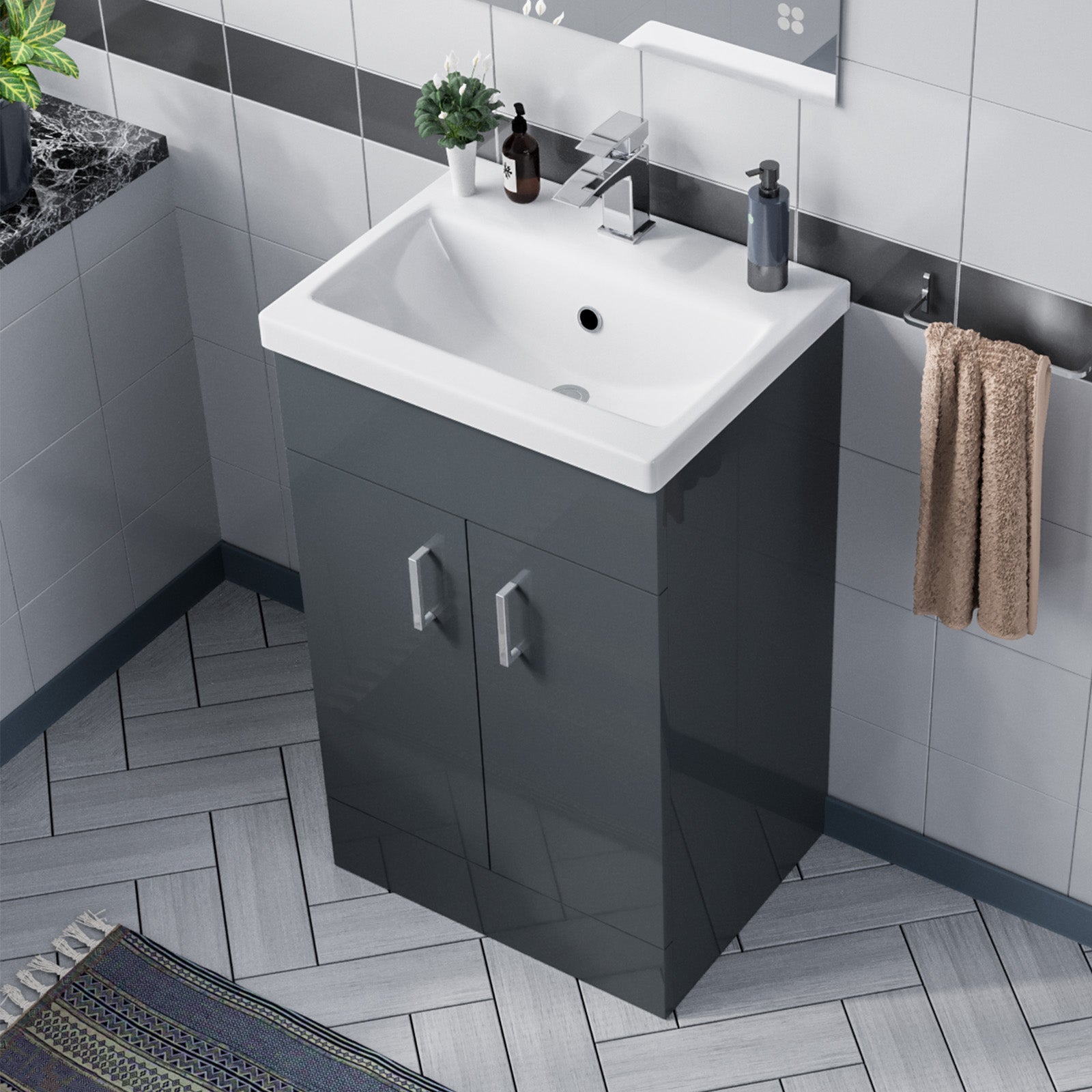 Dark Grey 500mm Floor Standing Vanity Unit & White Basin Flat Pack