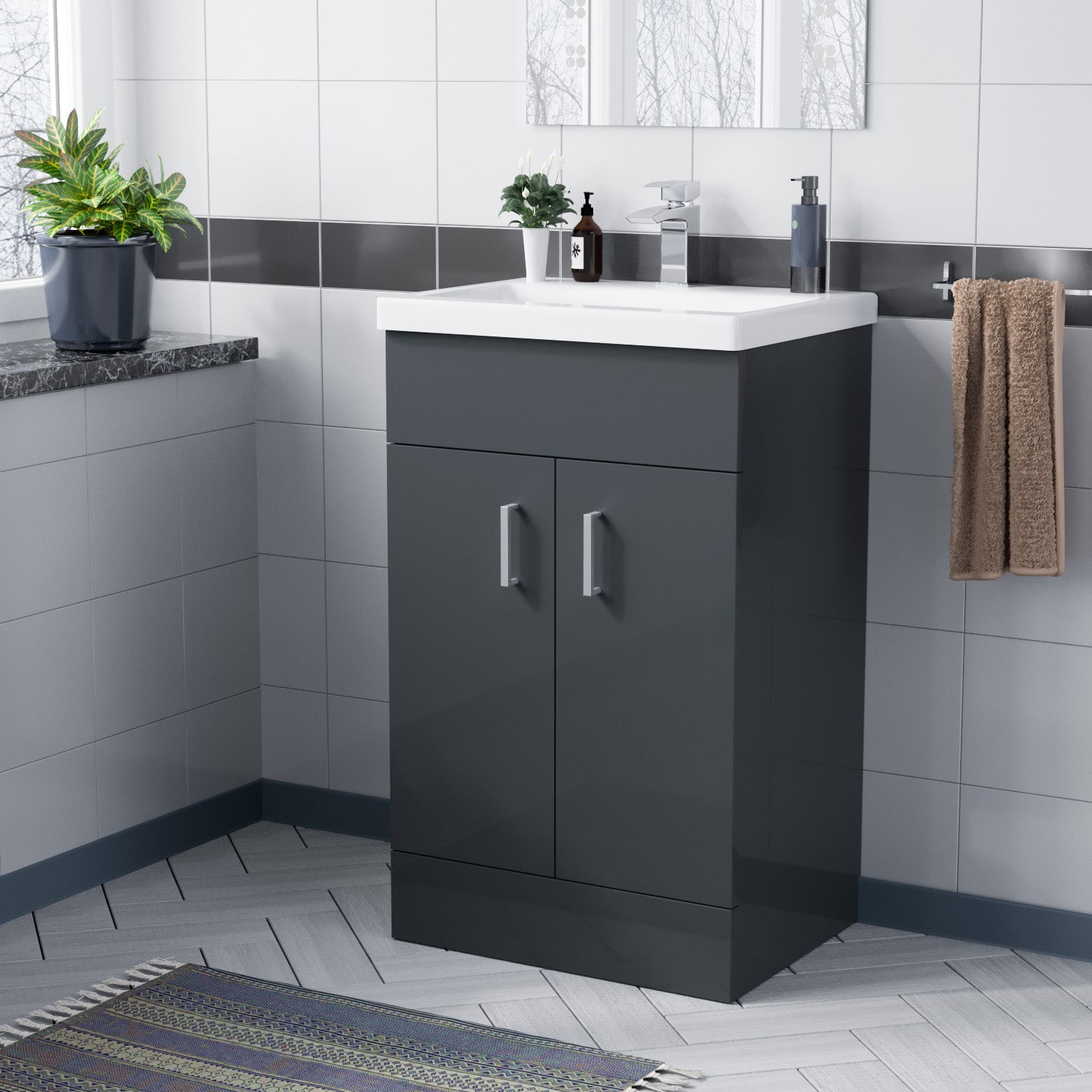 Dark Grey 500mm Floor Standing Vanity Unit & White Basin Flat Pack