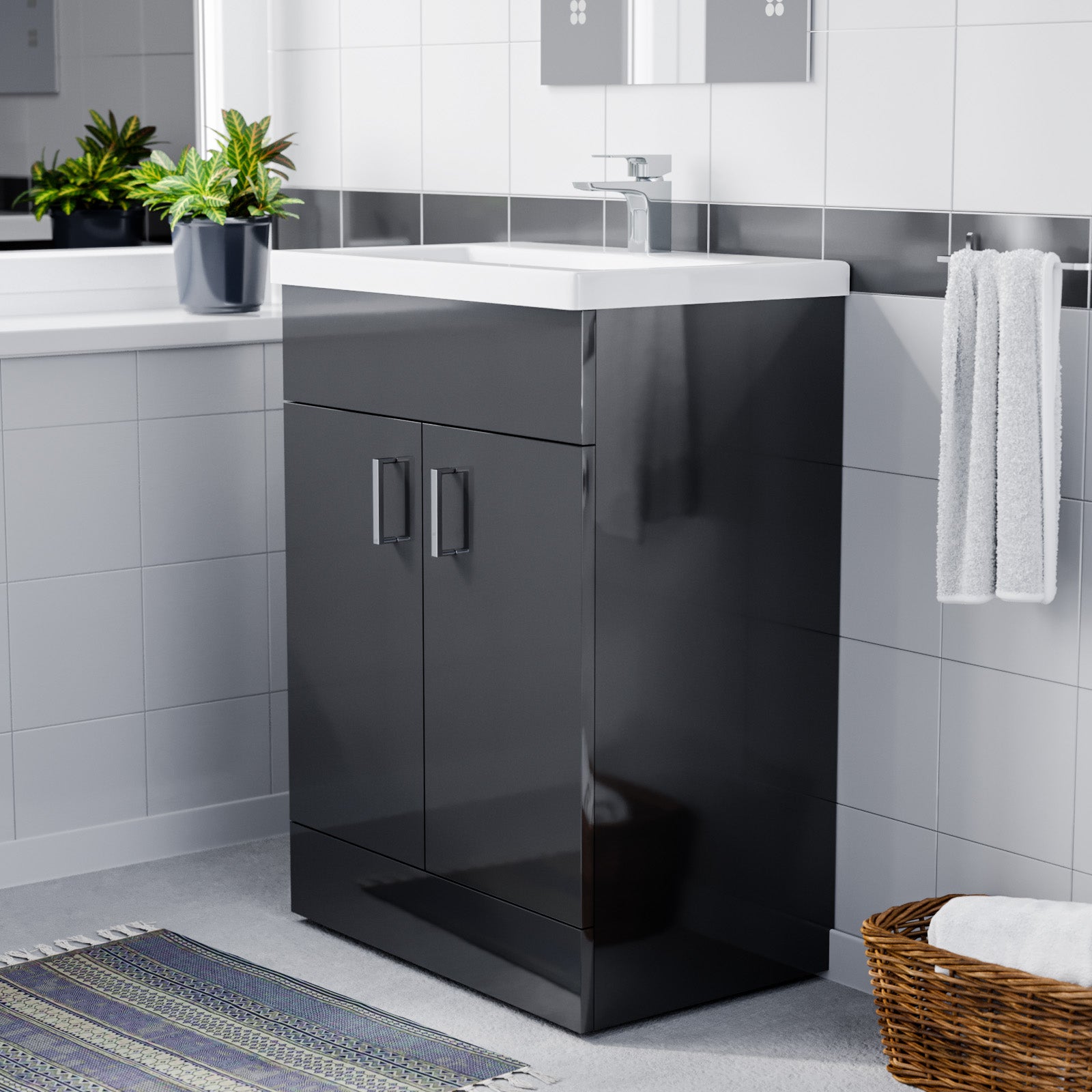 Dark Grey 600mm Floor Standing Vanity Unit & White Basin Flat Pack