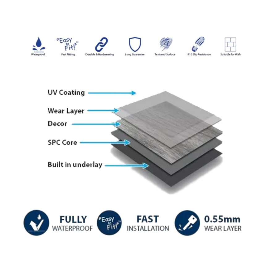 SPC Vinyl Click Flooring Tile 610mm x 305mm Dark Grey Stone 5.35mm Thick - Pack Of 10