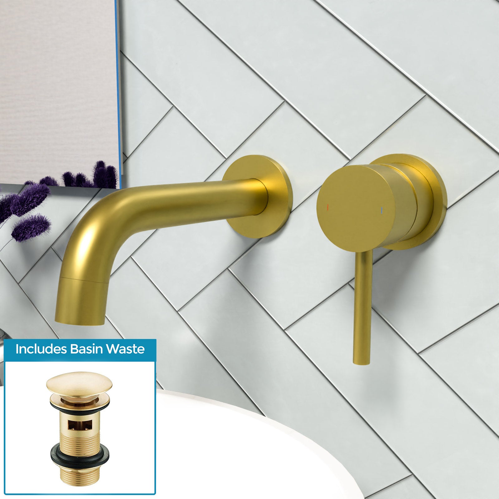 Eydon Bathroom Brushed Brass Mono Basin Sink Tap Wall Mounted With Waste