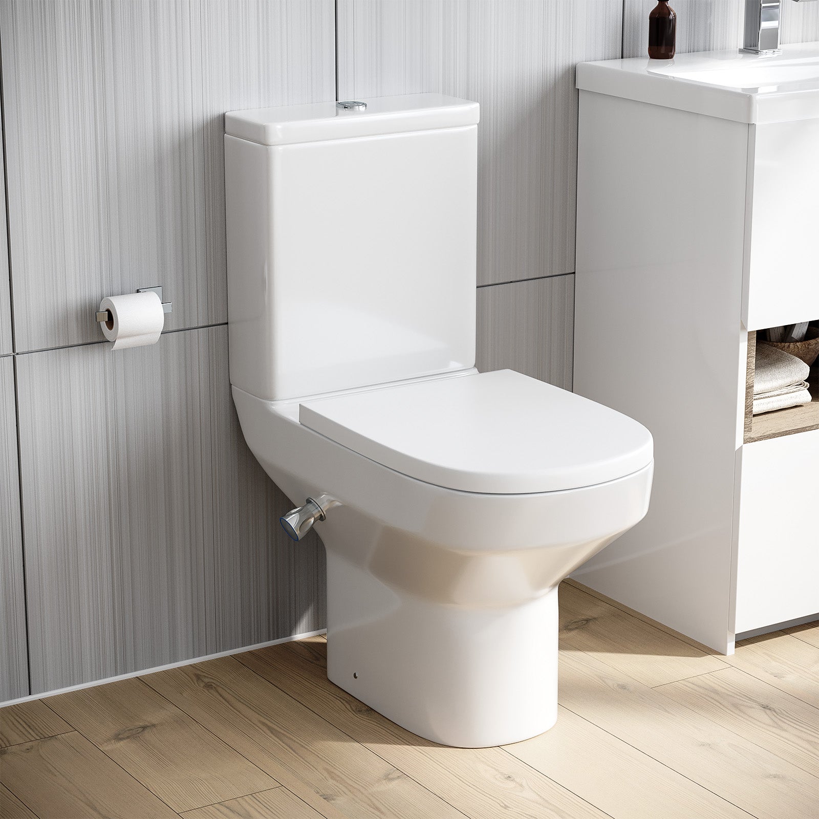 Rimless D Shape Close Coupled Toilet Pan with Integrated Bidet
