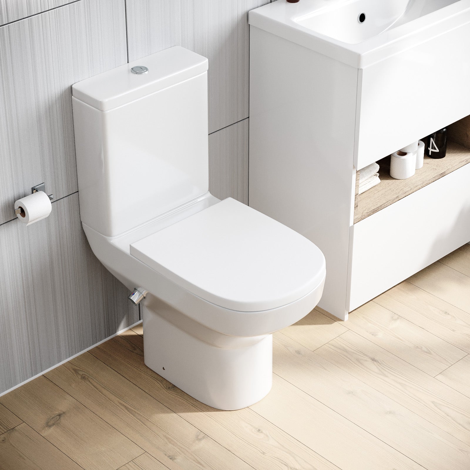 Rimless D Shape Close Coupled Toilet with Integrated Hot Cold Bidet