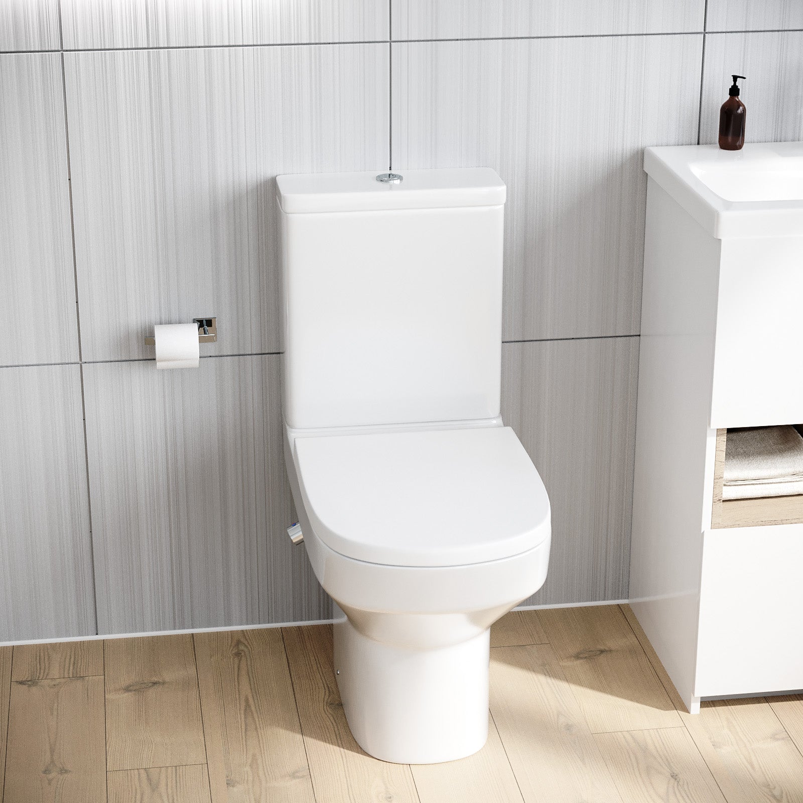 Rimless D Shape Close Coupled Toilet with Integrated Hot Cold Bidet