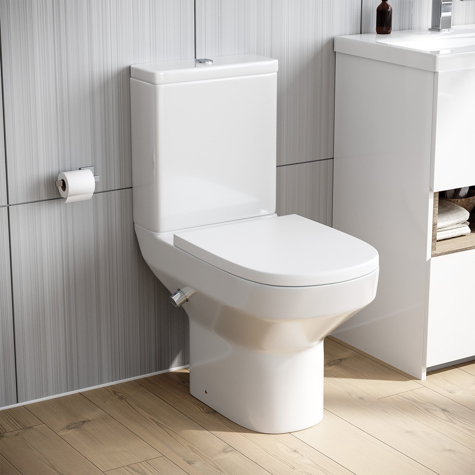 Rimless D Shape Close Coupled Toilet with Integrated Hot Cold Bidet