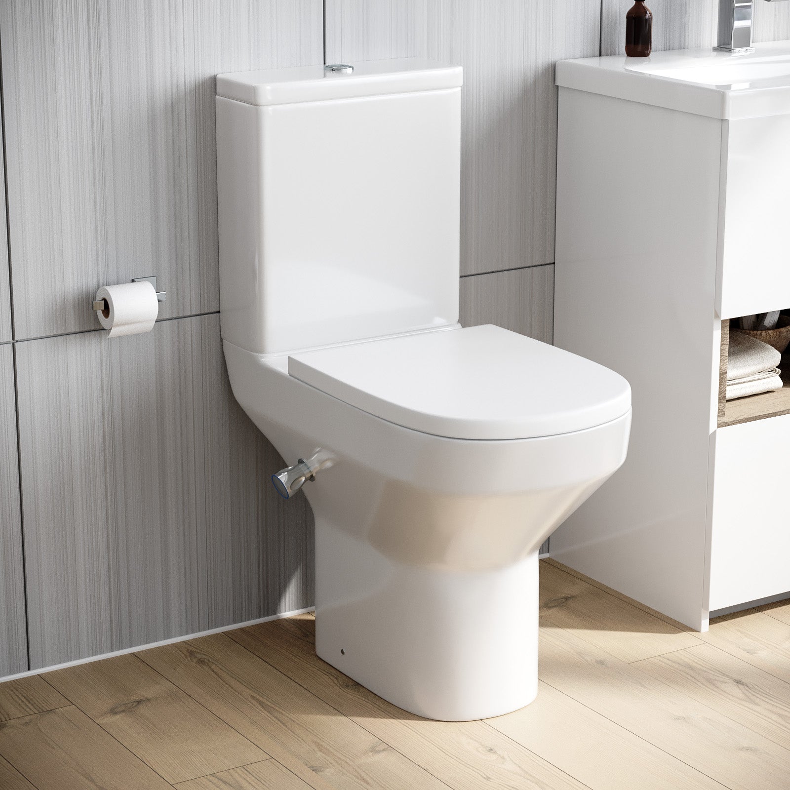 Rimless Comfort Height Close Coupled Toilet With Integrated Bidet Valve