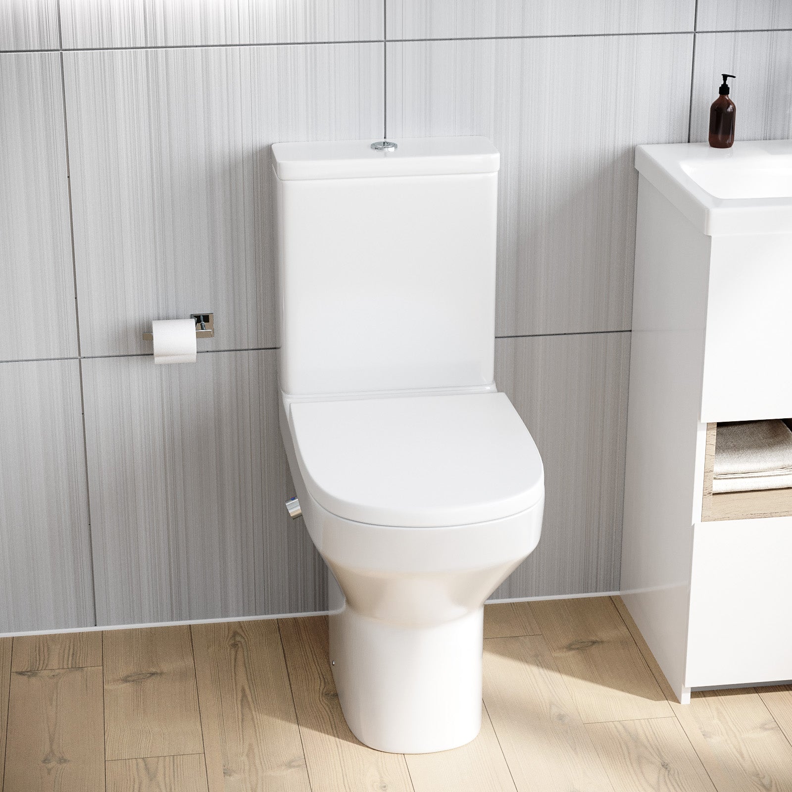 Rimless Comfort Height Close Coupled Toilet Pan With Integrated Hot Cold Bidet Valve