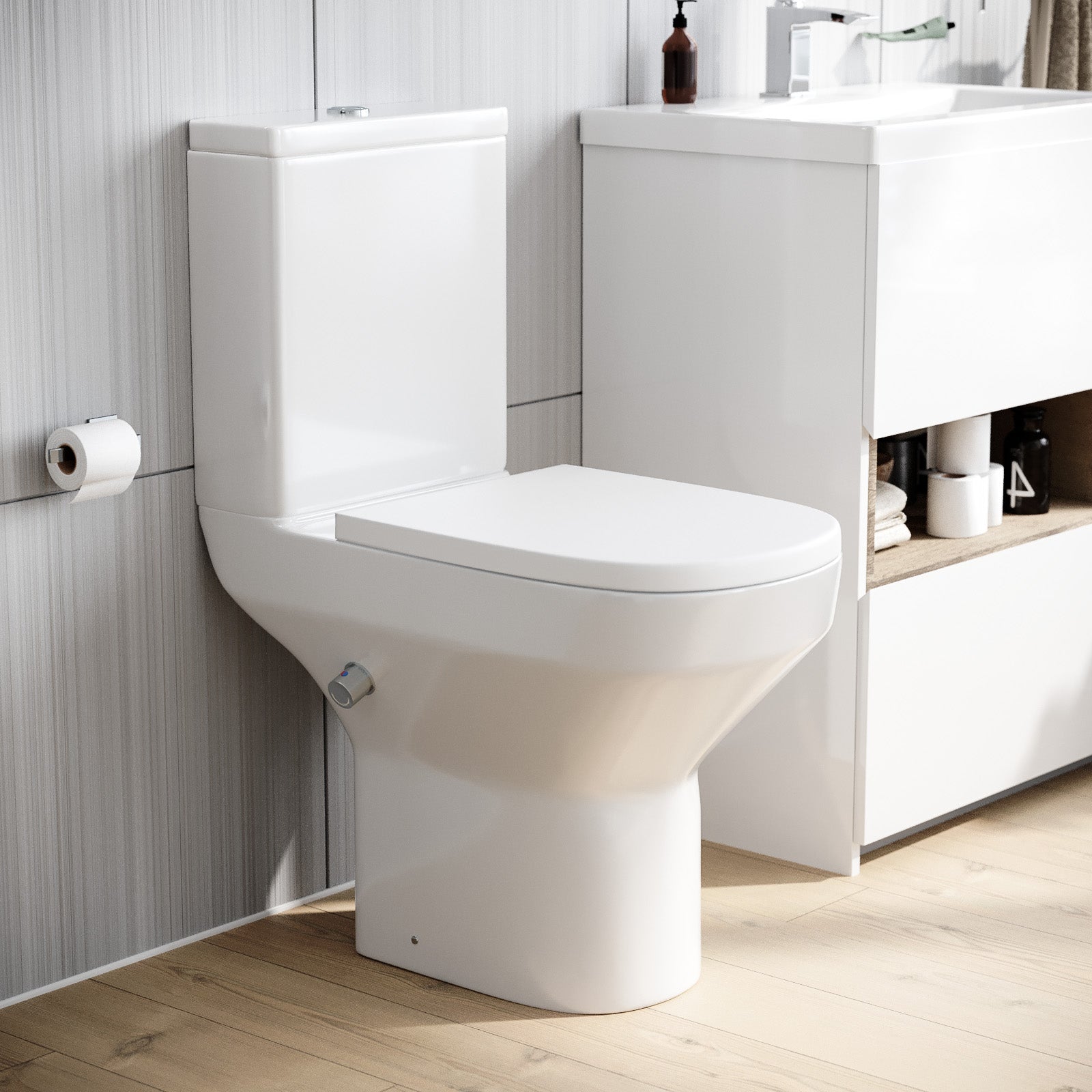 Rimless Comfort Height Close Coupled Toilet Pan With Integrated Hot Cold Bidet Valve