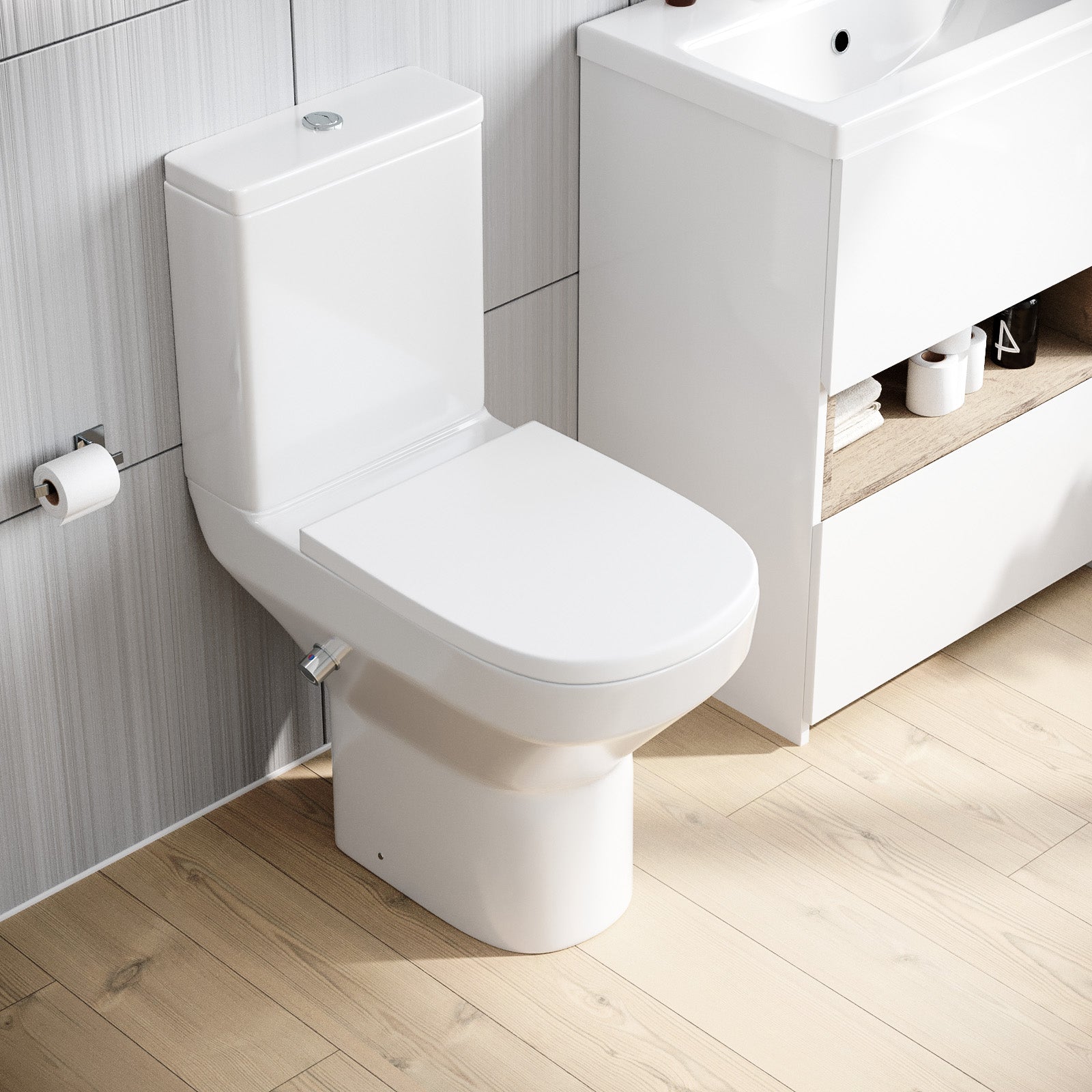 Rimless Comfort Height Close Coupled Toilet Pan With Integrated Hot Cold Bidet Valve